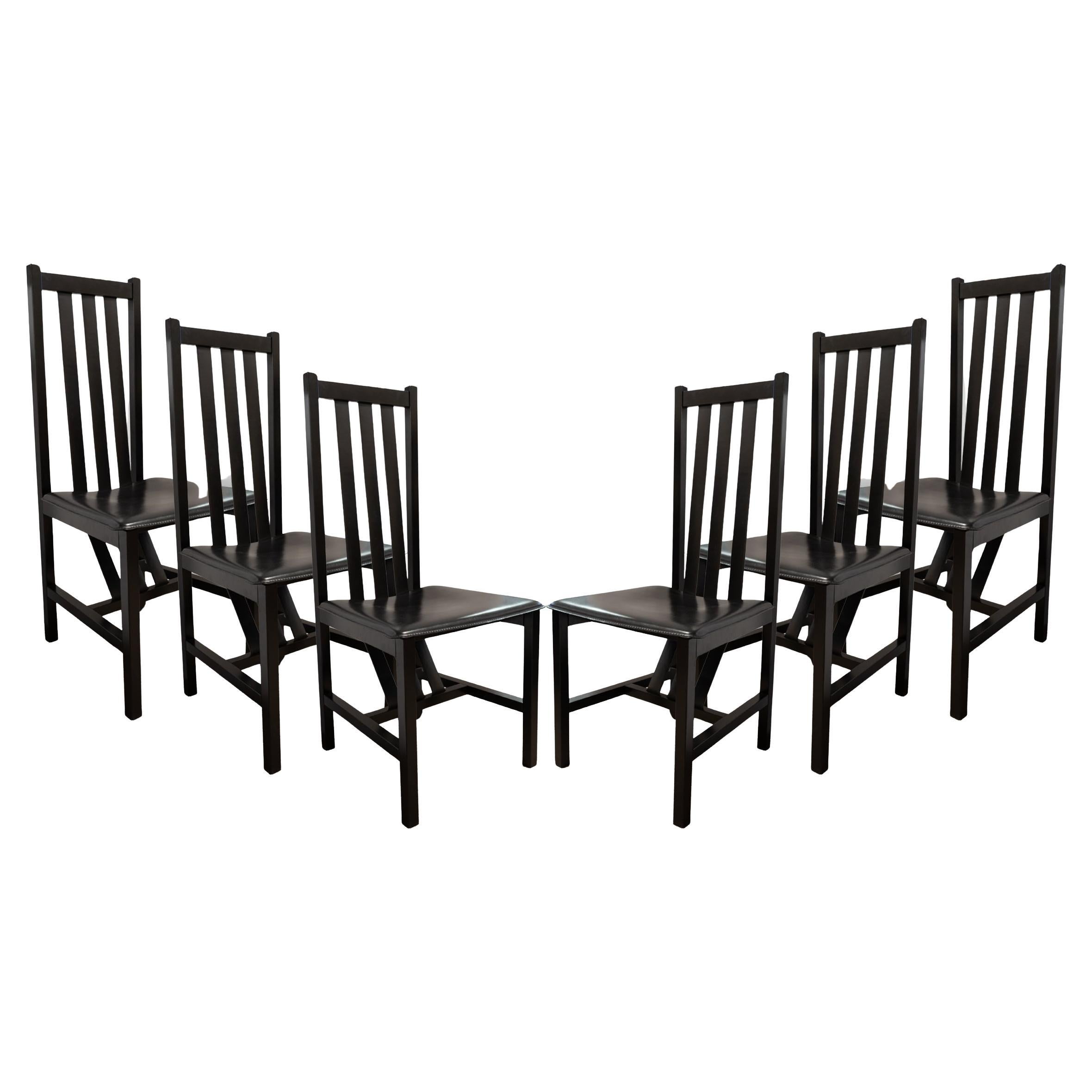 Set of 6 Black Wood and Leather Strap Contemporary Dining Chairs Made in Italy For Sale
