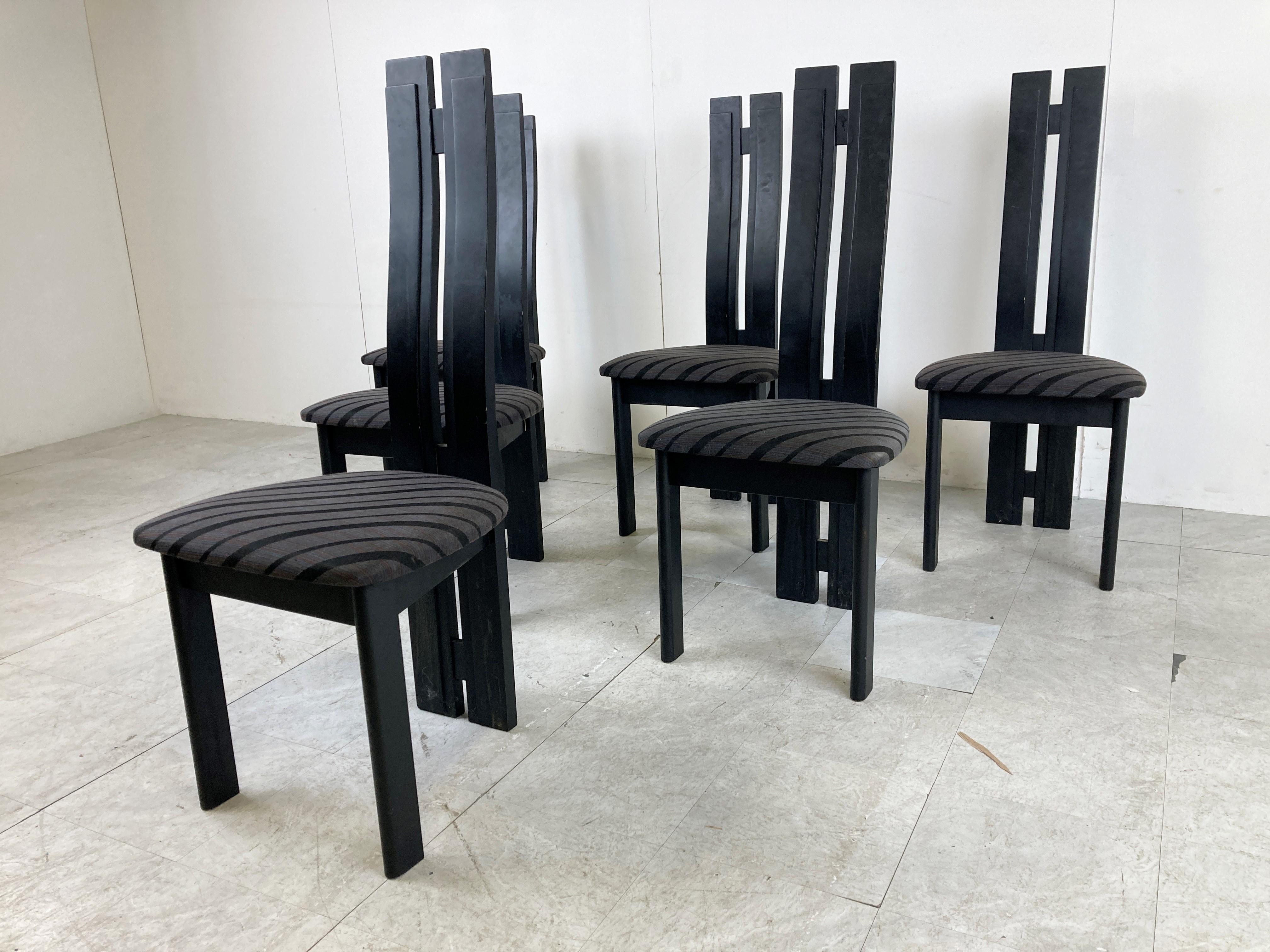 Post-Modern Set of 6 Black Wooden High Back Dining Chairs, 1980s