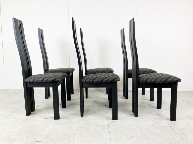 Set of 6 Black Wooden High Back Dining Chairs, 1980s For Sale at 1stDibs