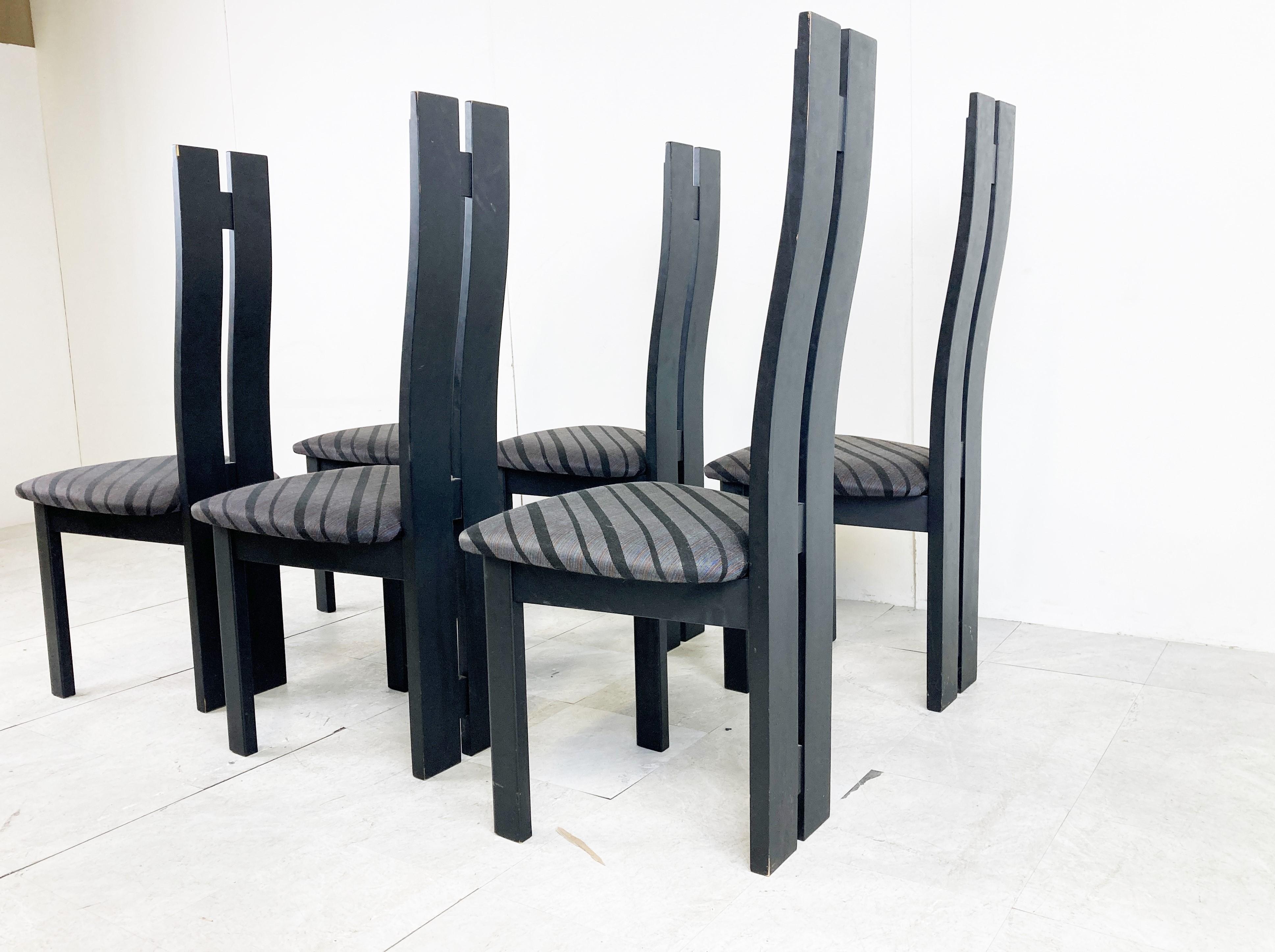 Fabric Set of 6 Black Wooden High Back Dining Chairs, 1980s For Sale