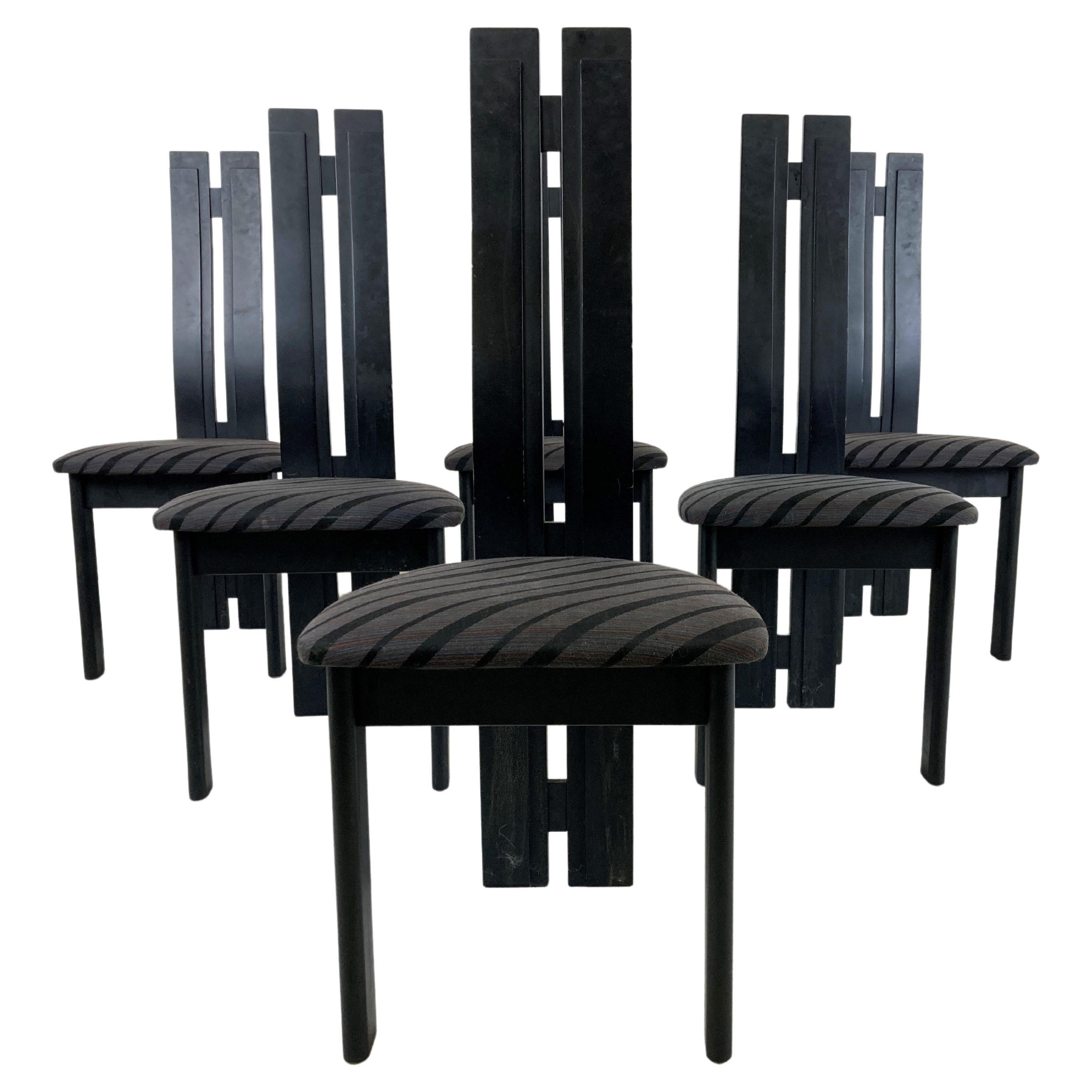 Set of 6 Black Wooden High Back Dining Chairs, 1980s For Sale