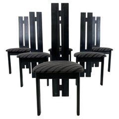 Set of 6 Black Wooden High Back Dining Chairs, 1980s