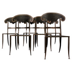 Set of 6 black wrought iron chairs with antique gold details - c. 1970