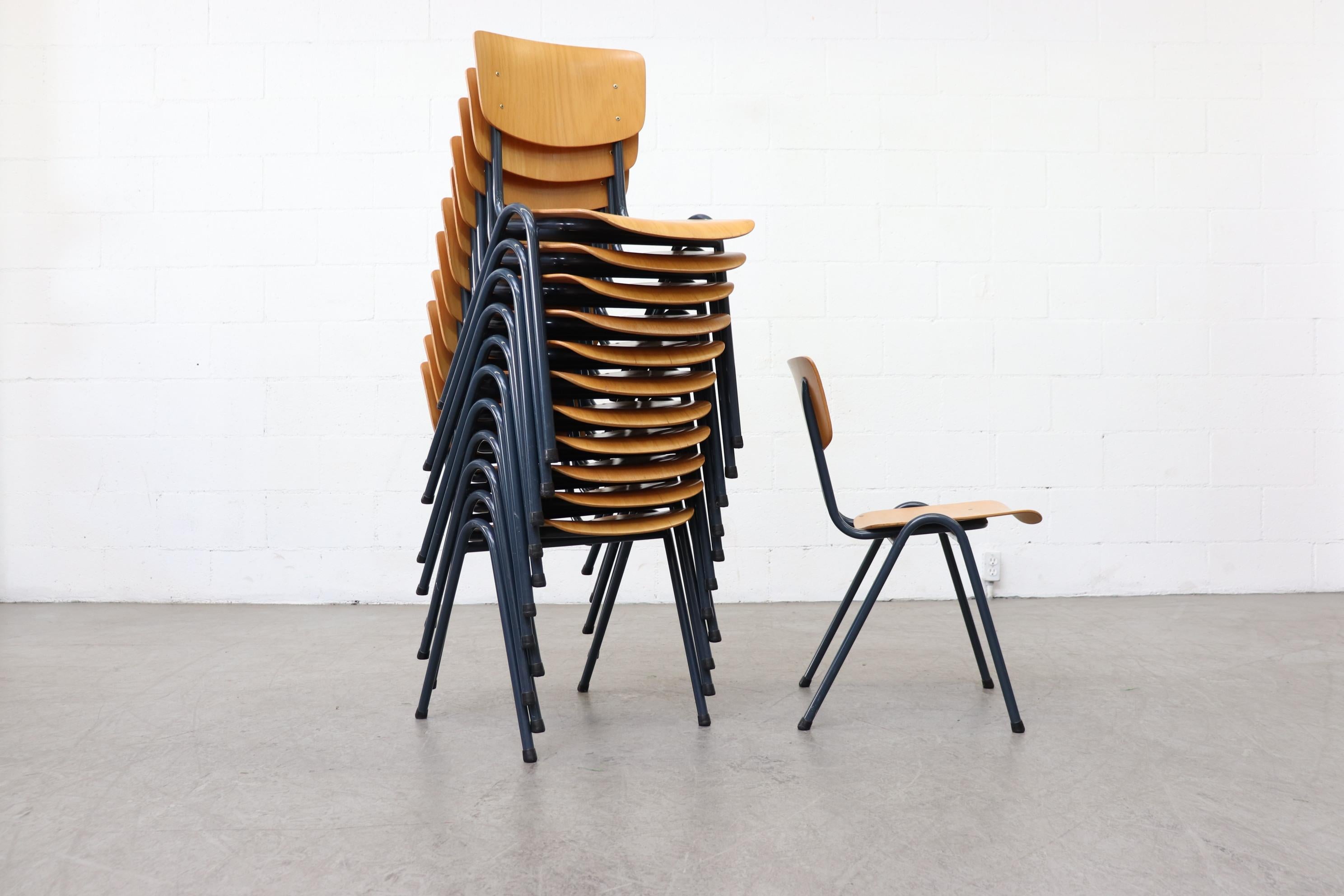 Mid-Century Modern Set of 6 Blonde Plywood Industrial Stacking Chairs with Blue-Grey Enameled Metal