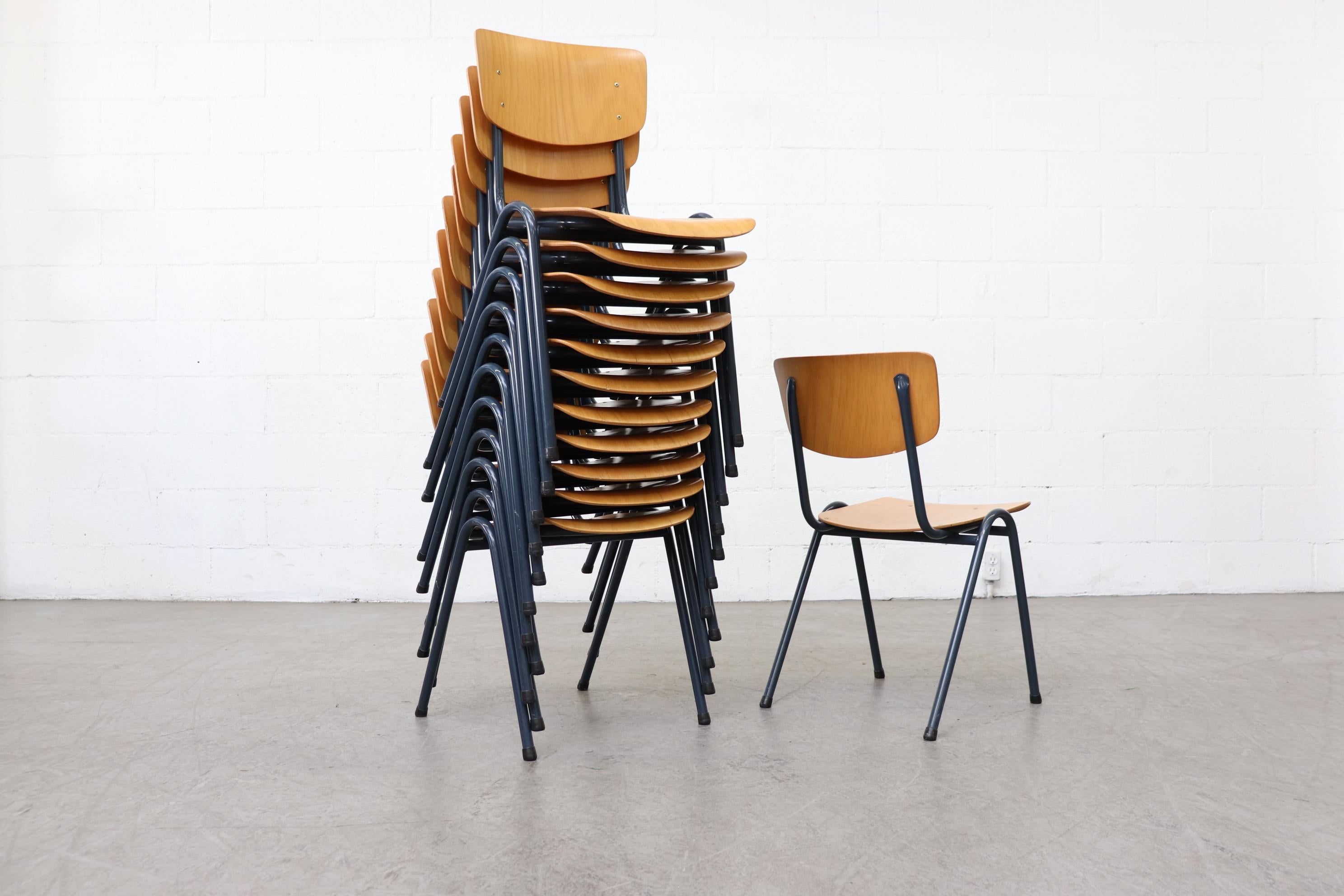 Dutch Set of 6 Blonde Plywood Industrial Stacking Chairs with Blue-Grey Enameled Metal