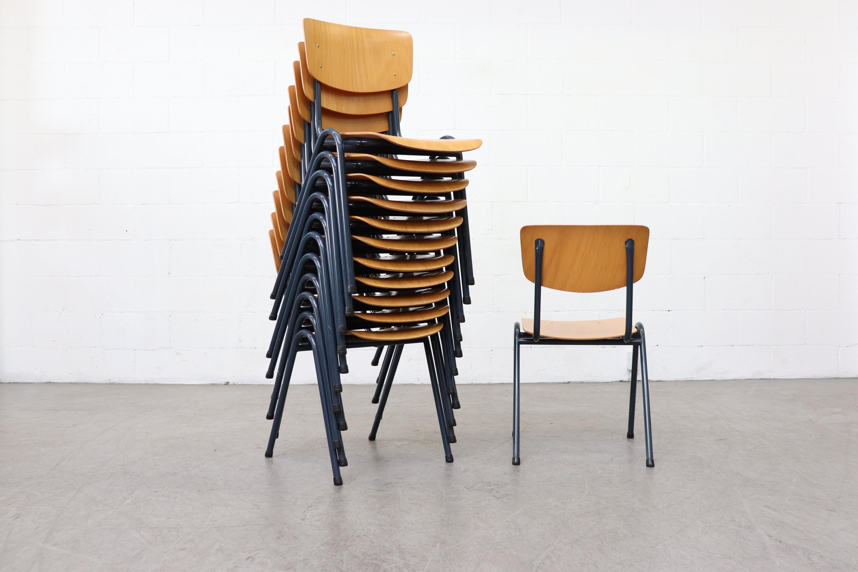 Set of 6 Blonde Plywood Industrial Stacking Chairs with Blue-Grey Enameled Metal In Good Condition In Los Angeles, CA