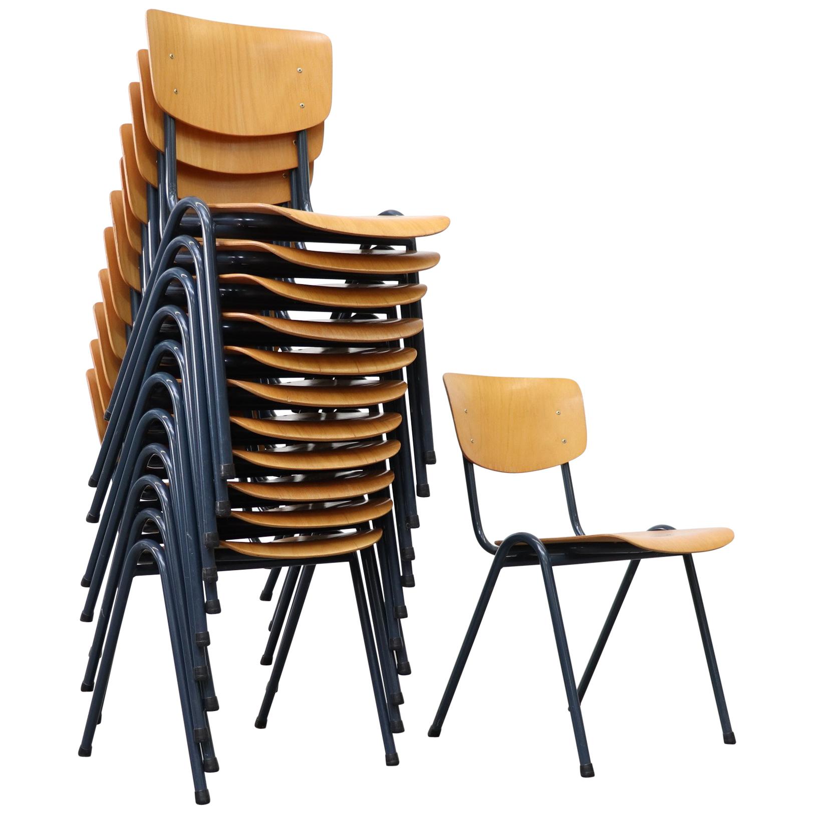 Set of 6 Blonde Plywood Industrial Stacking Chairs with Blue-Grey Enameled Metal