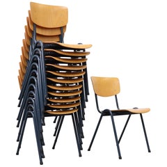 Set of 6 Blonde Plywood Industrial Stacking Chairs with Blue-Grey Enameled Metal