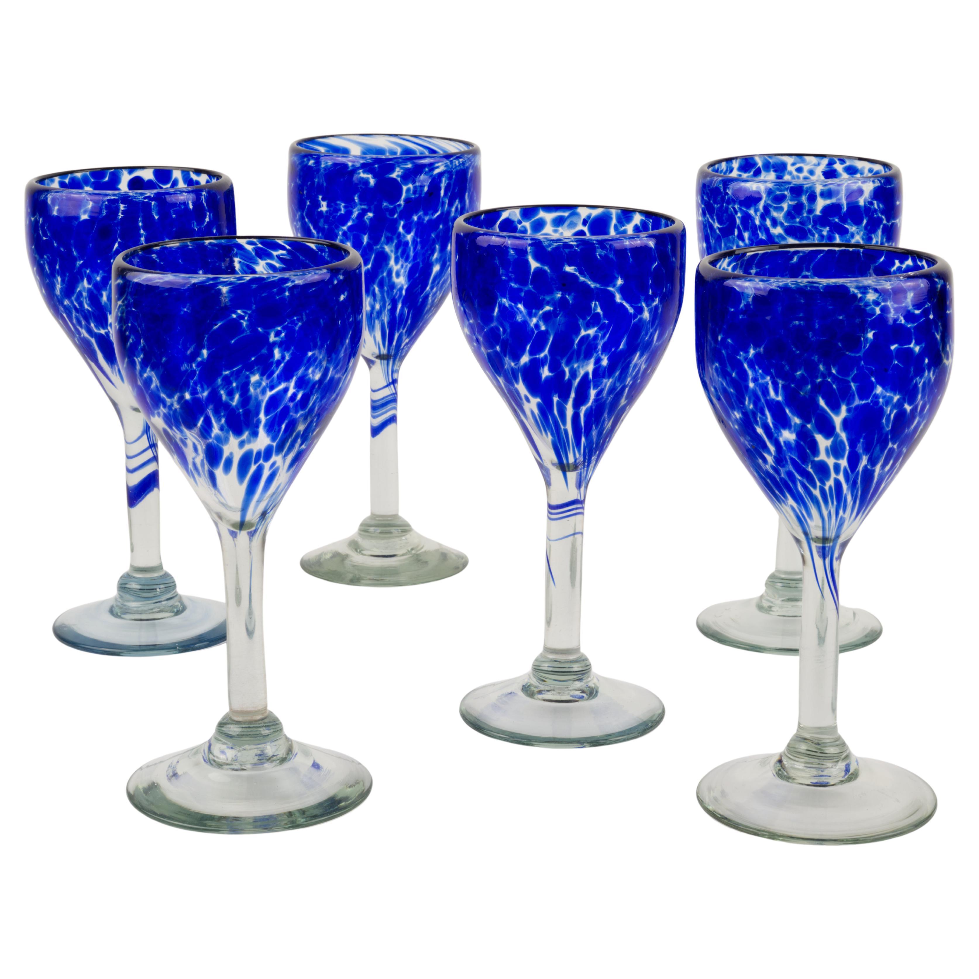 Set of 6 Blown Cobalt Blue and Clear Water or Wine Glasses Mexico