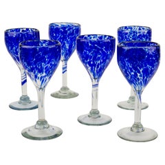 Set di 6 bicchieri da acqua o da vino soffiati blu cobalto e trasparenti Messico