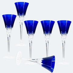 Set of 6 Blue Ajka Crystal Glasses, Hungary, 1960