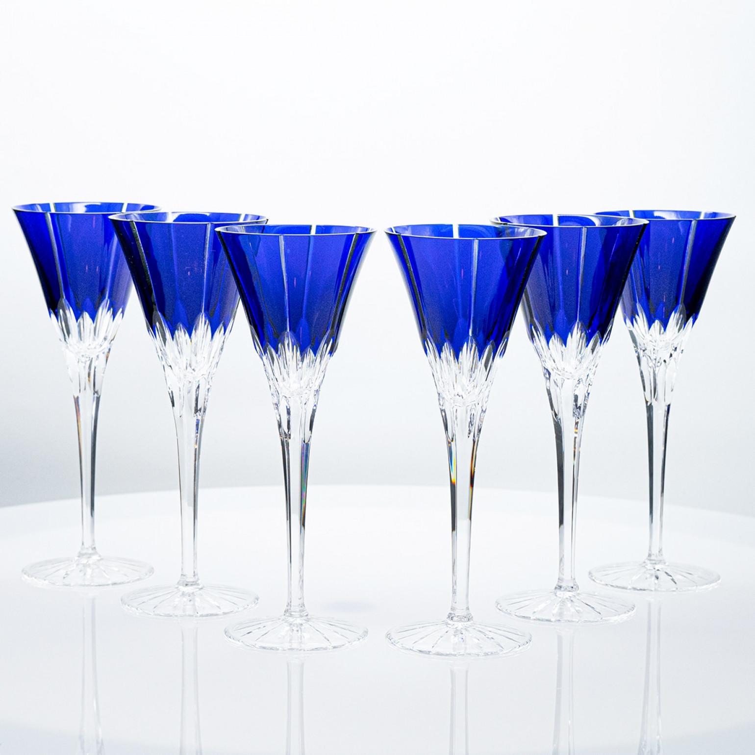 Hand-Painted Set of 6 Blue Ajka Crystal Glasses, Hungary, 1960 For Sale
