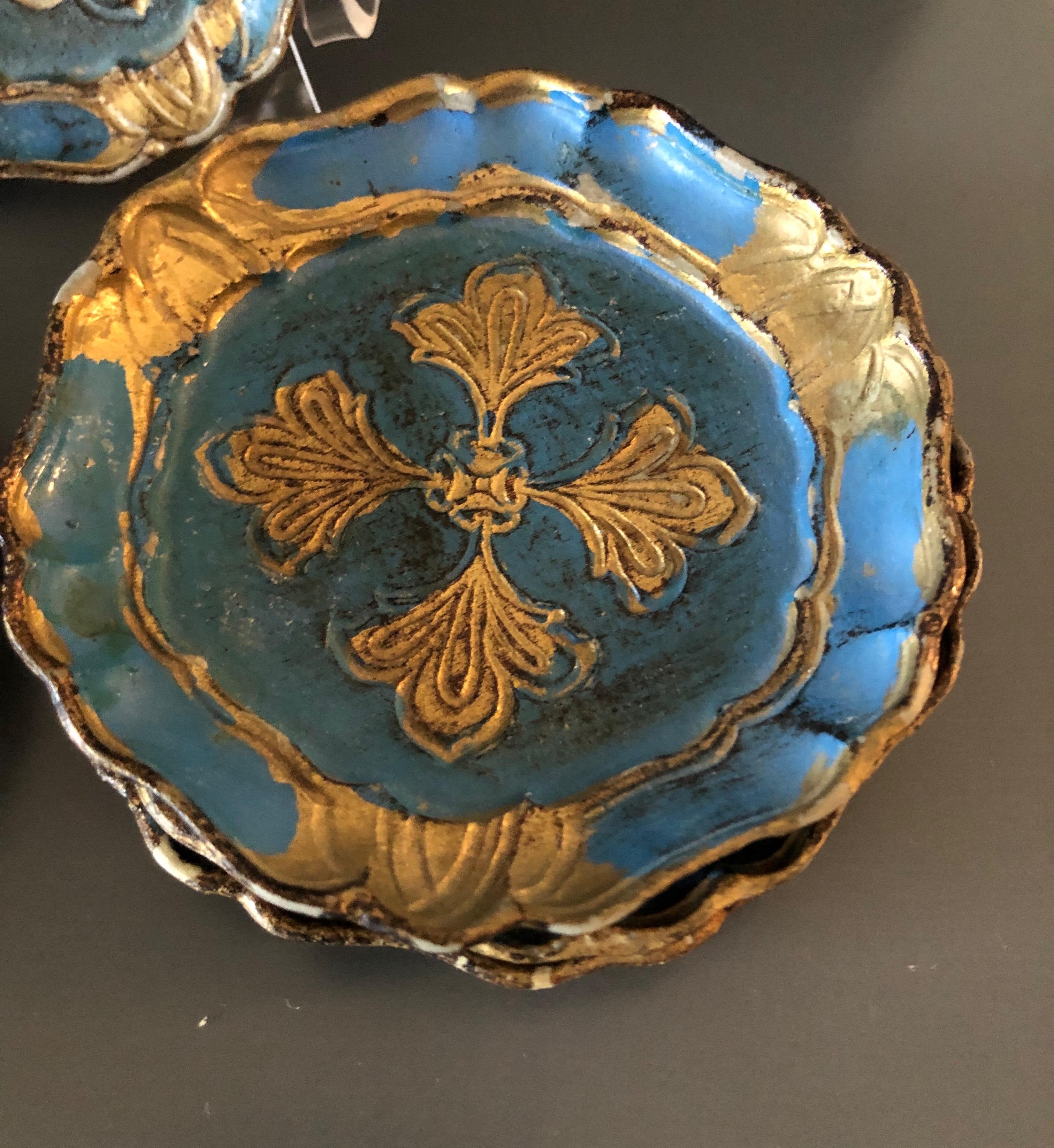 Regency Set of (6) Blue and Gold Vintage Florentine Style Coasters