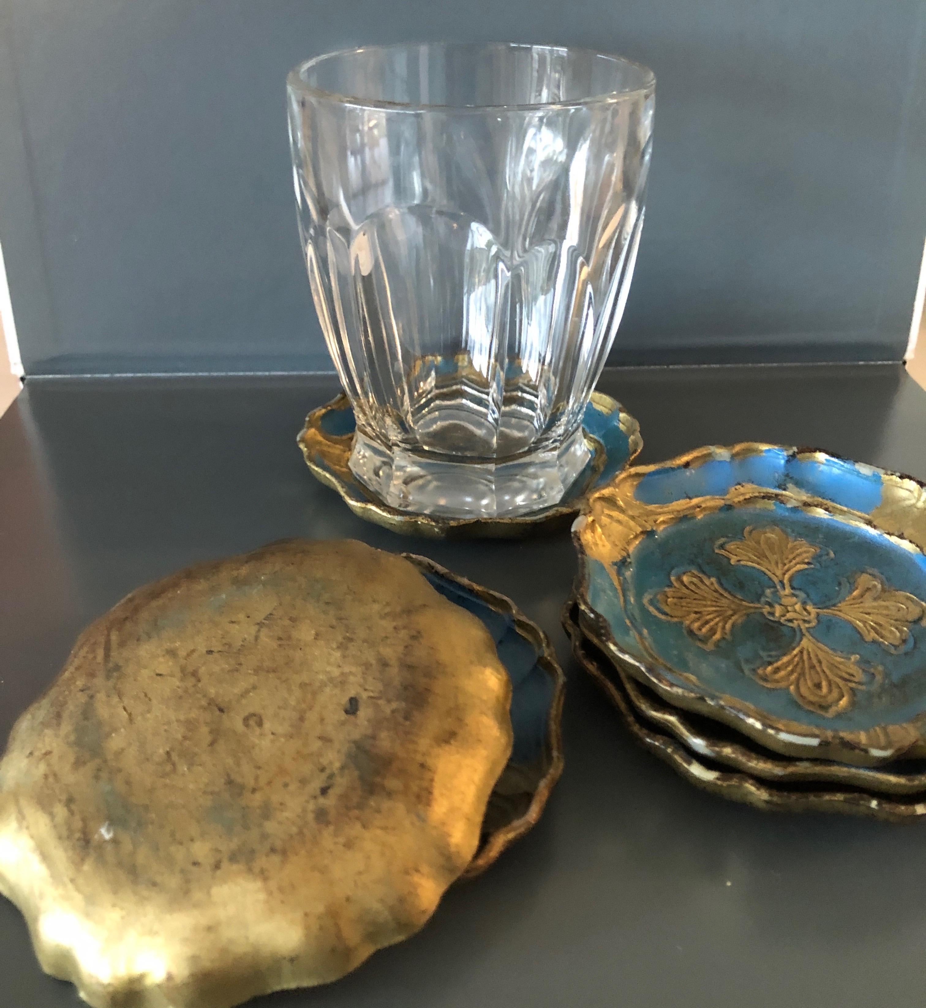 Set of (6) Blue and Gold Vintage Florentine Style Coasters In Good Condition In Oakland Park, FL