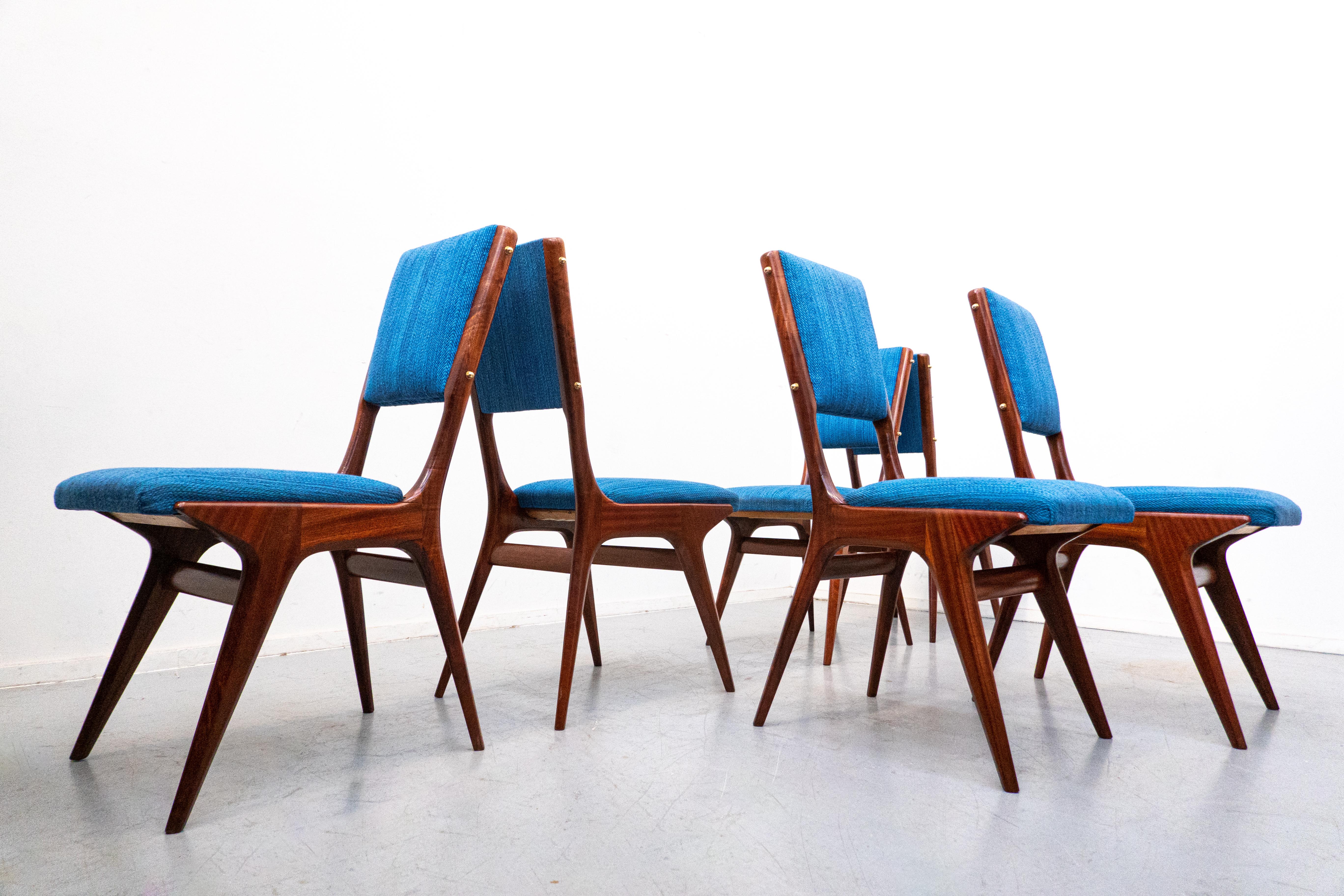 Mid-Century Modern Set of 6 Blue Chairs Model 634 by Carlo de Carli for Cassina, Italy, 1950s For Sale