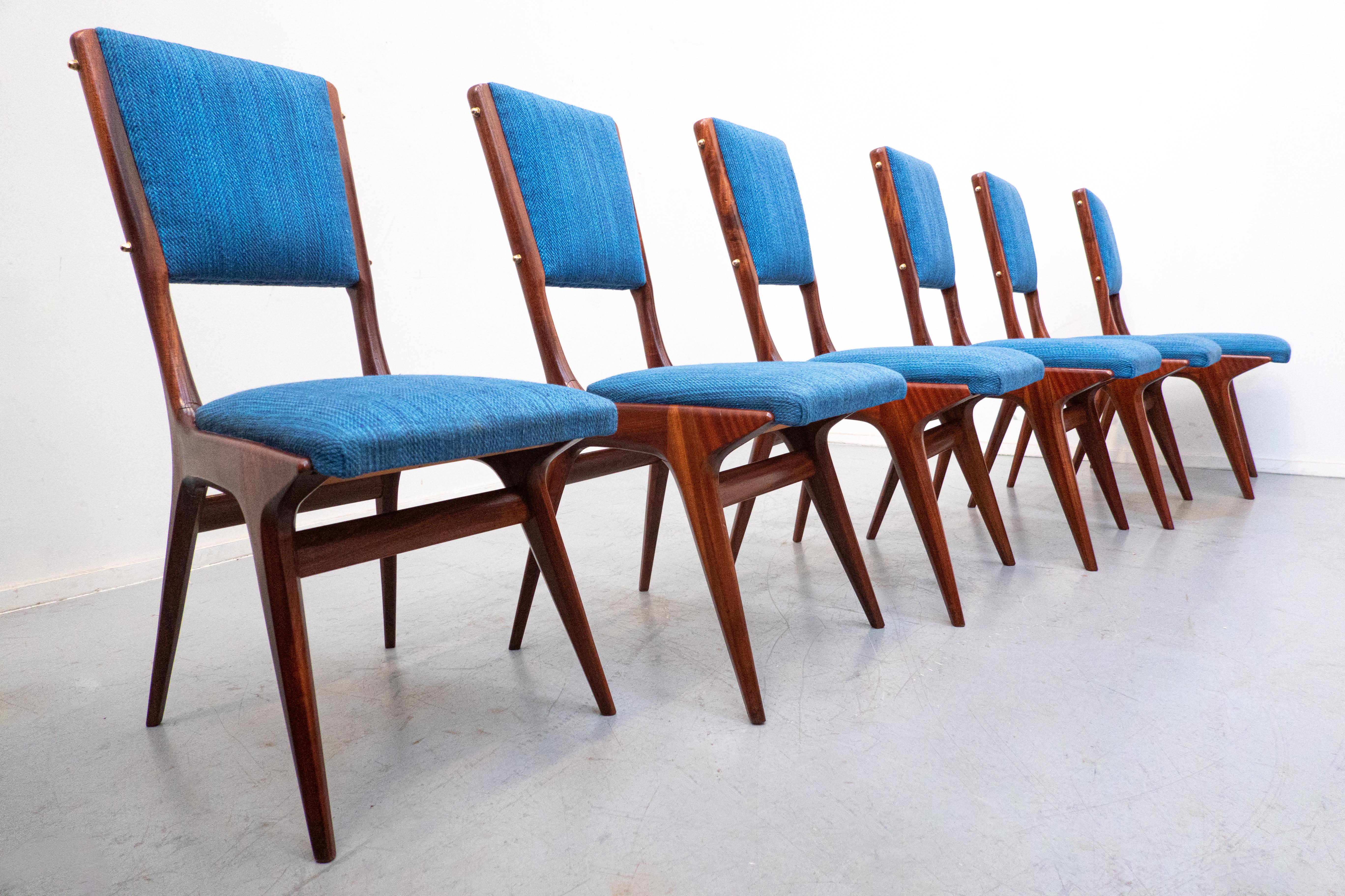 Européen Ensemble de 6 chaises bleues modèle 634 par Carlo De Carli pour Cassina, Italie, années 1950 en vente