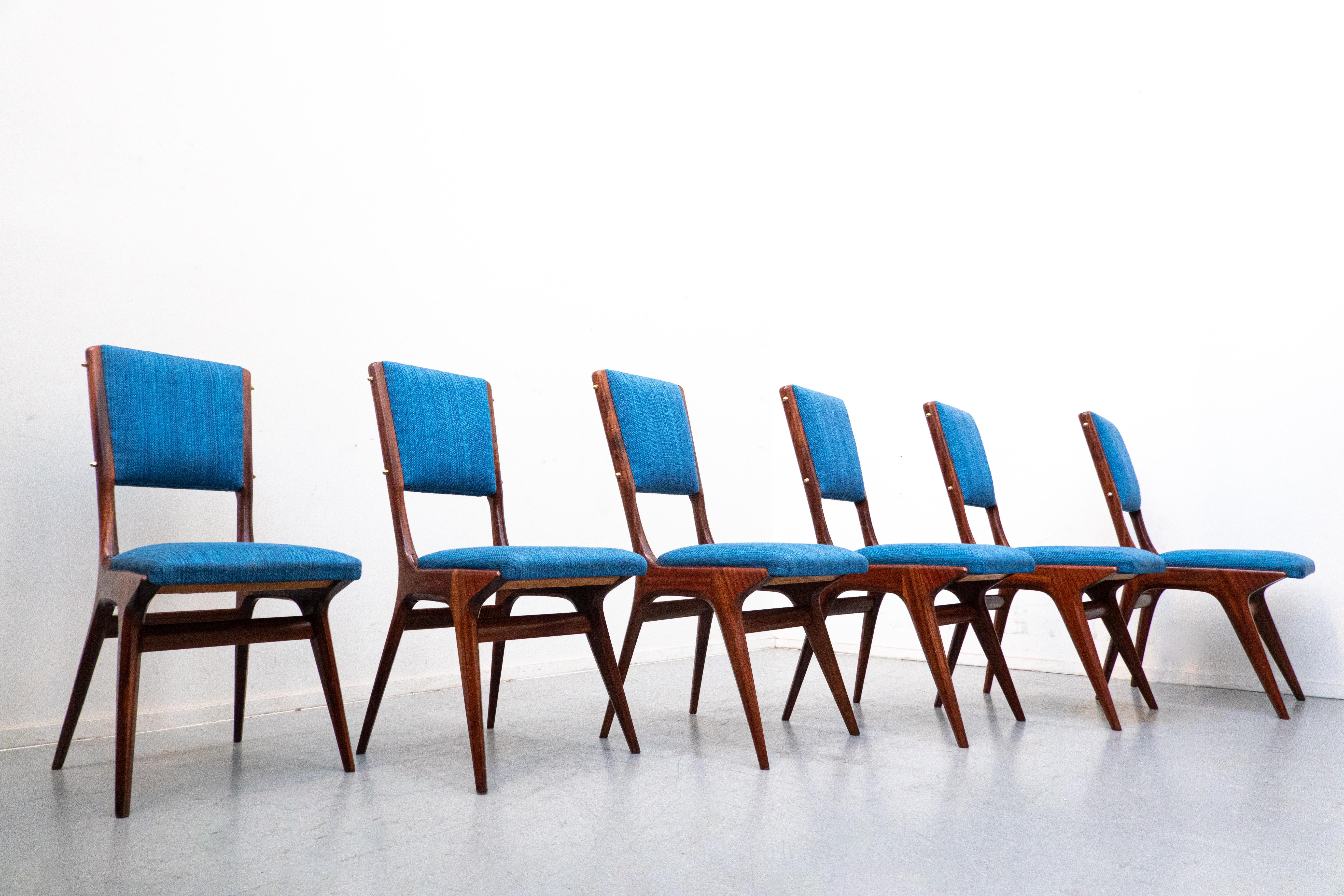 Set of 6 Blue Chairs Model 634 by Carlo de Carli for Cassina, Italy, 1950s In Good Condition For Sale In Brussels, BE
