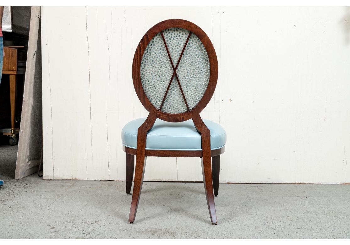 Wood Six Barbara Barry Baker Tiffany Blue Leather Dining Chairs For Sale