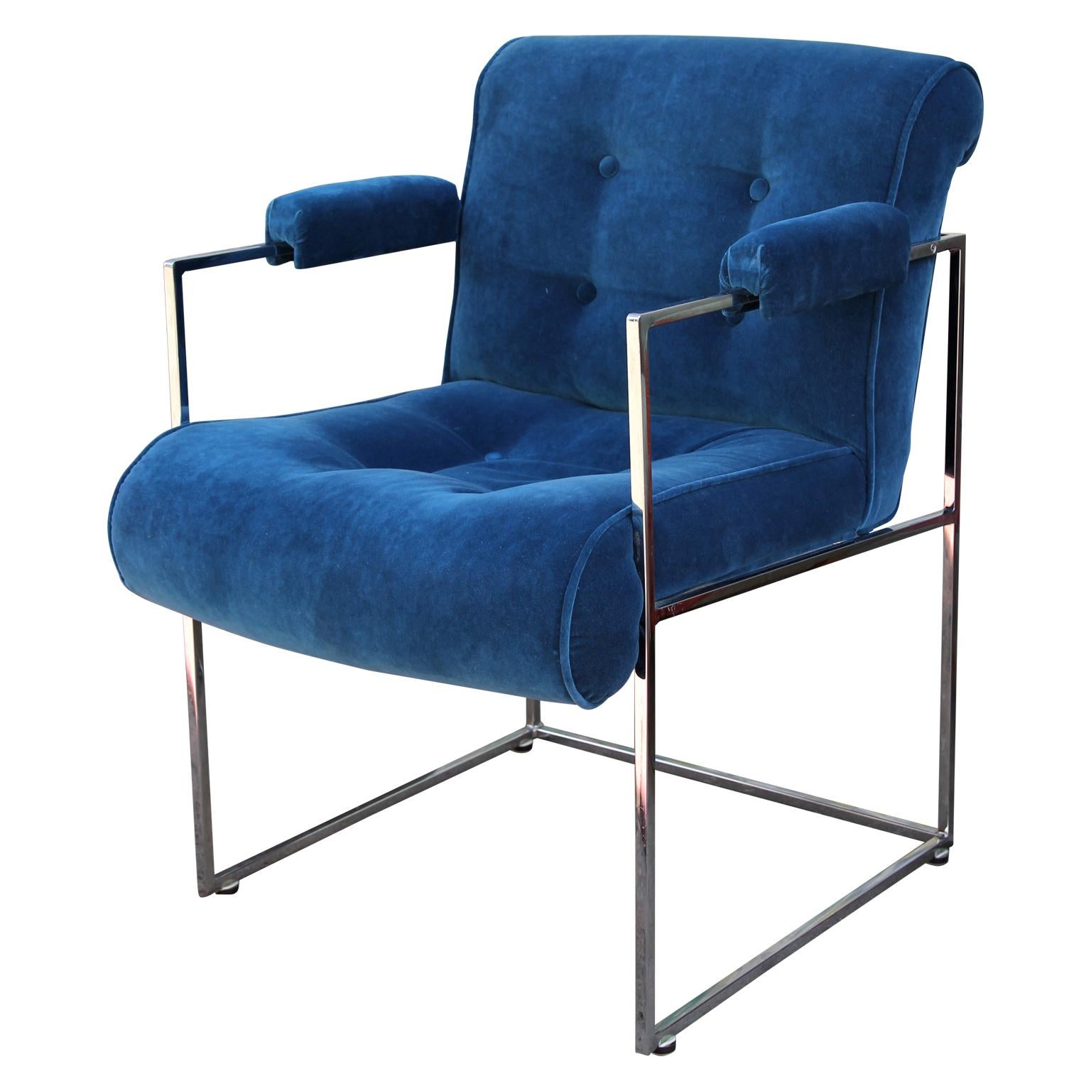 Mid-Century Modern Set of 6 Blue Velvet and Chrome Milo Baughman Thayer Coggin Dining Chairs