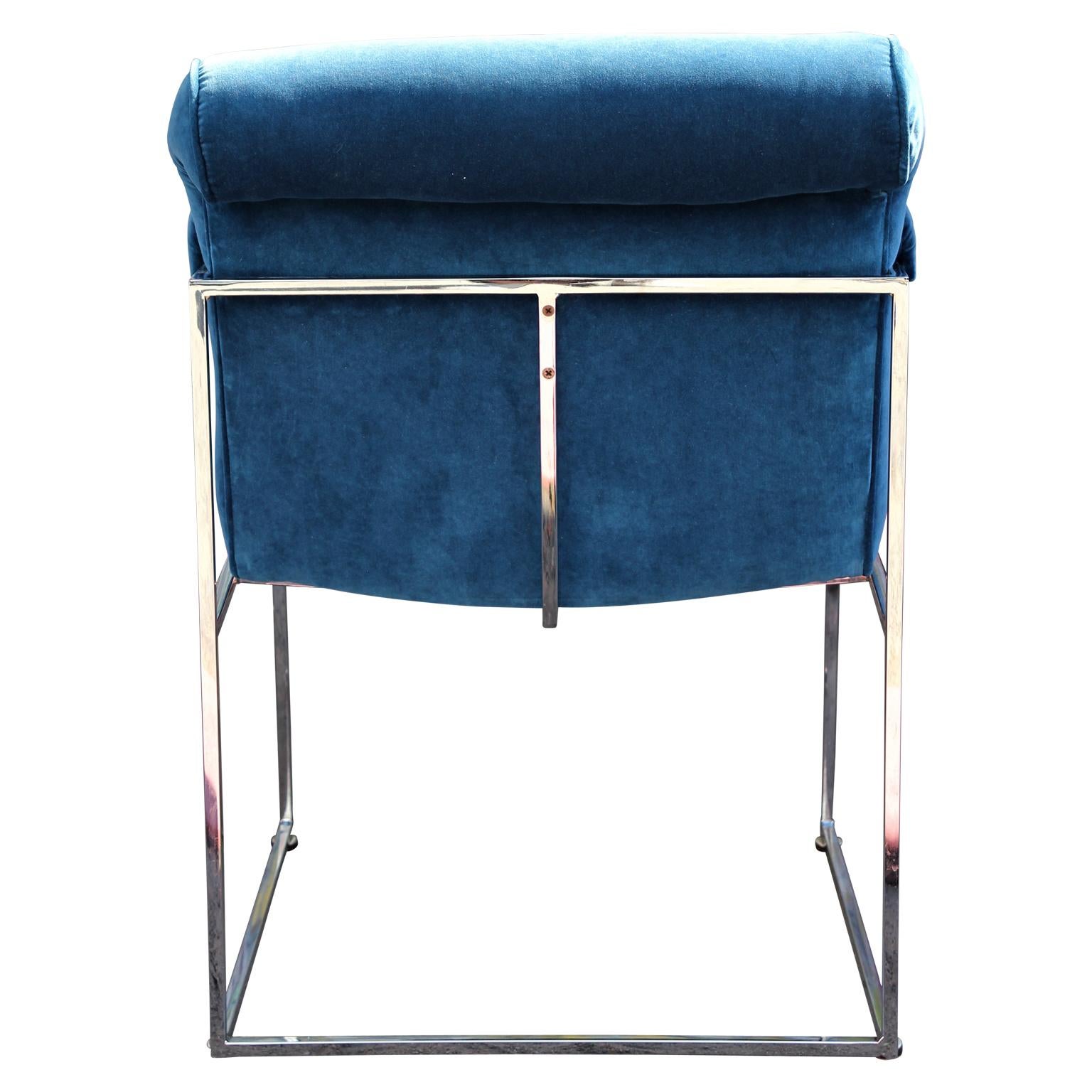 Set of 6 Blue Velvet and Chrome Milo Baughman Thayer Coggin Dining Chairs In Good Condition In Houston, TX