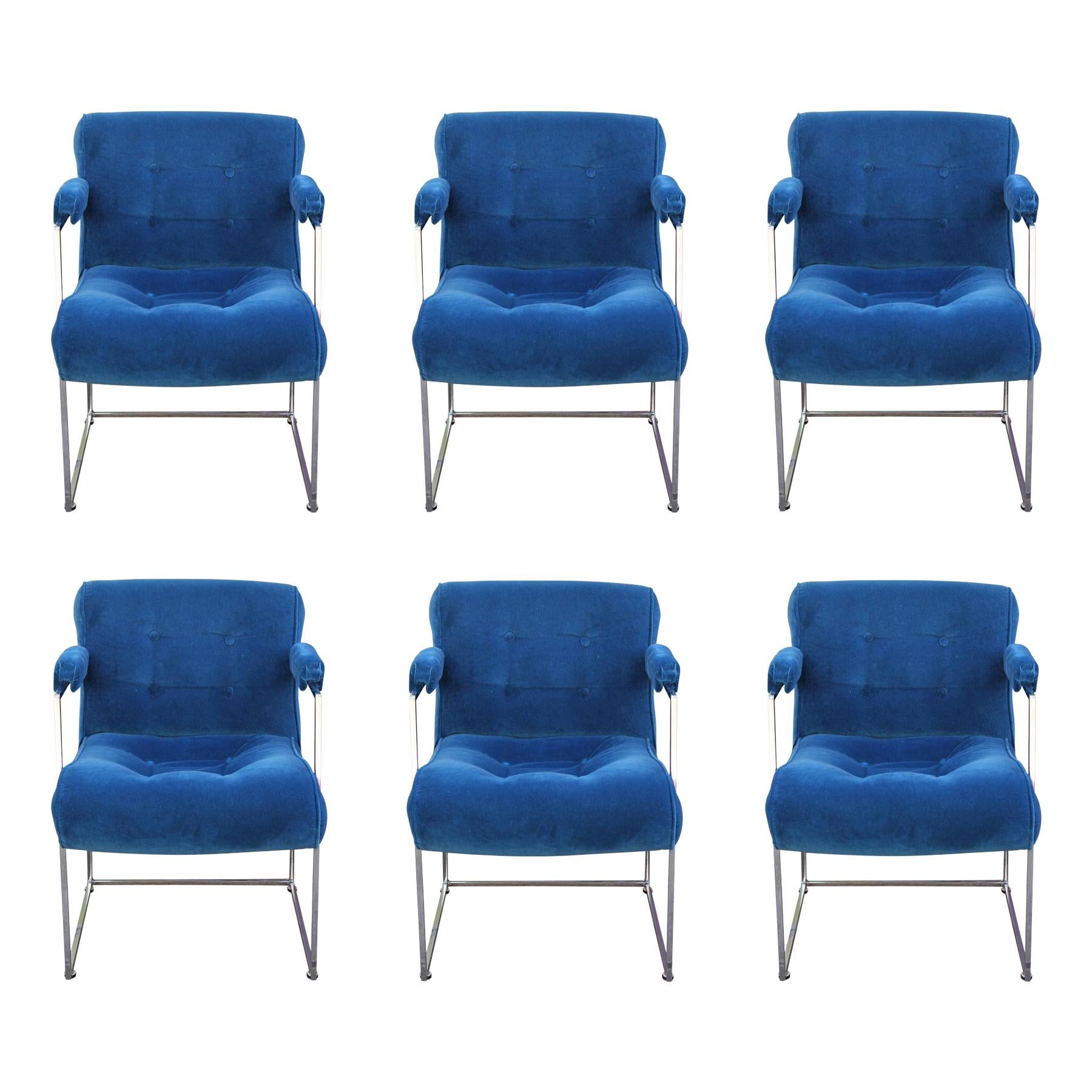 Set of 6 Blue Velvet and Chrome Milo Baughman Thayer Coggin Dining Chairs