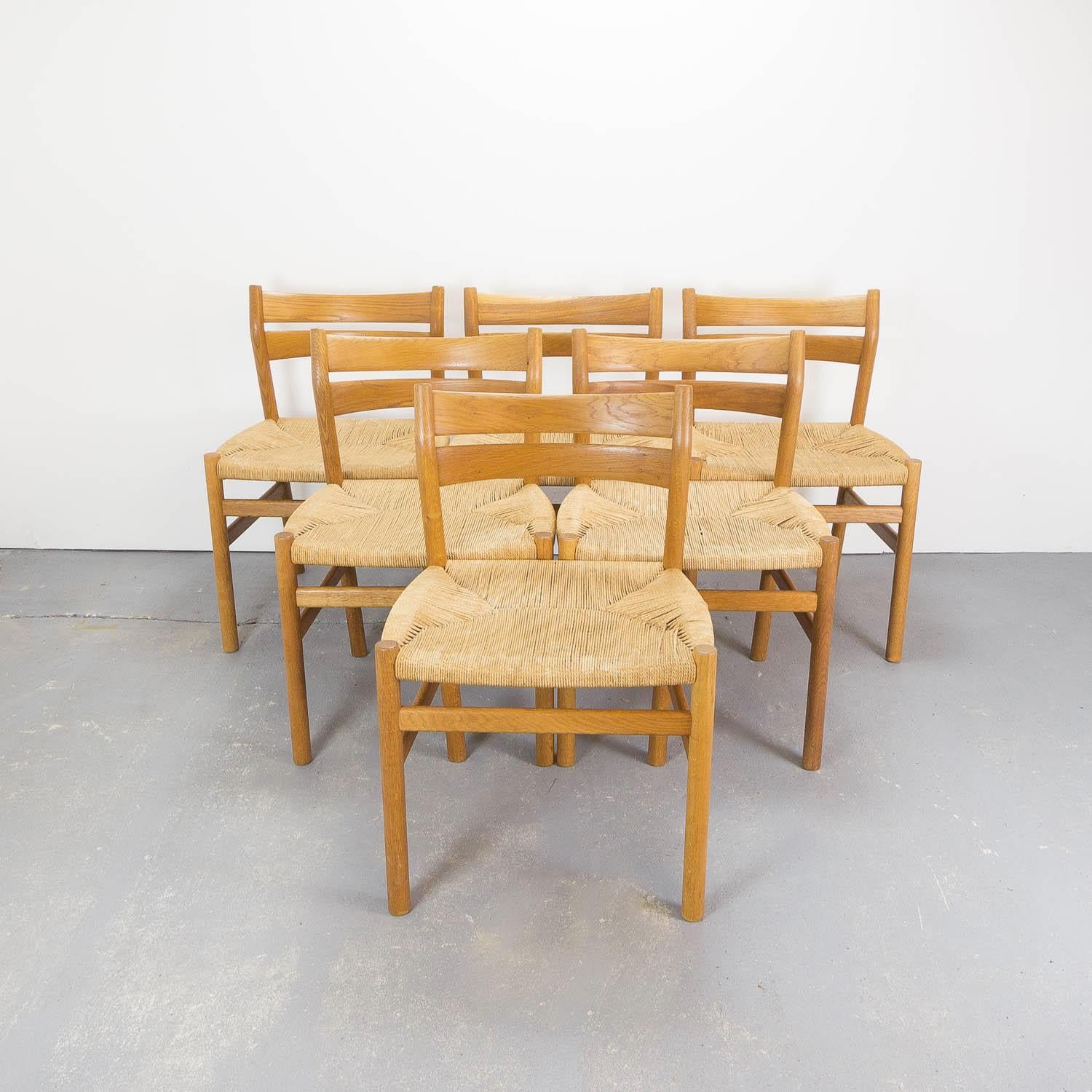 A set of 6 BM1 dining chairs in solid oak and original patinated paper cord by Børge Mogensen for C.M. Madsen, Denmark 1960s.