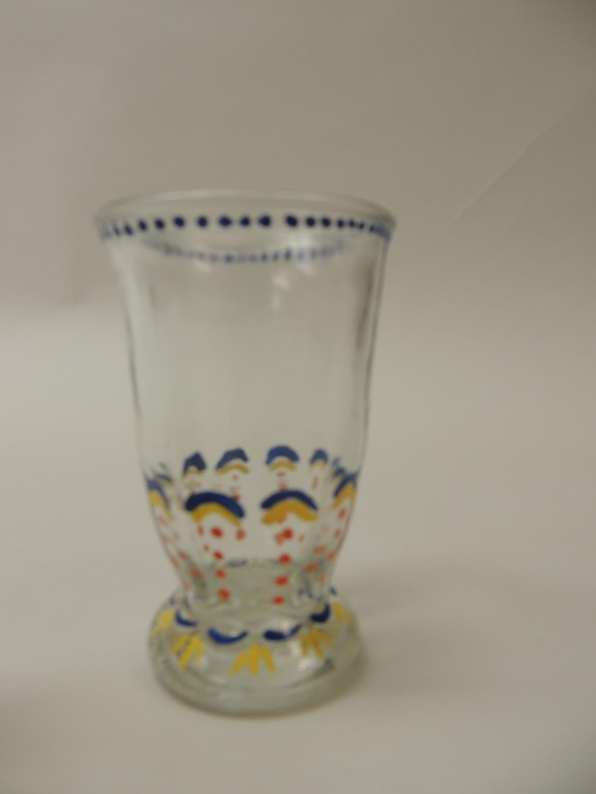 French Set of '6' Bohemian Blue and Orange Hand Painted Juice Glasses