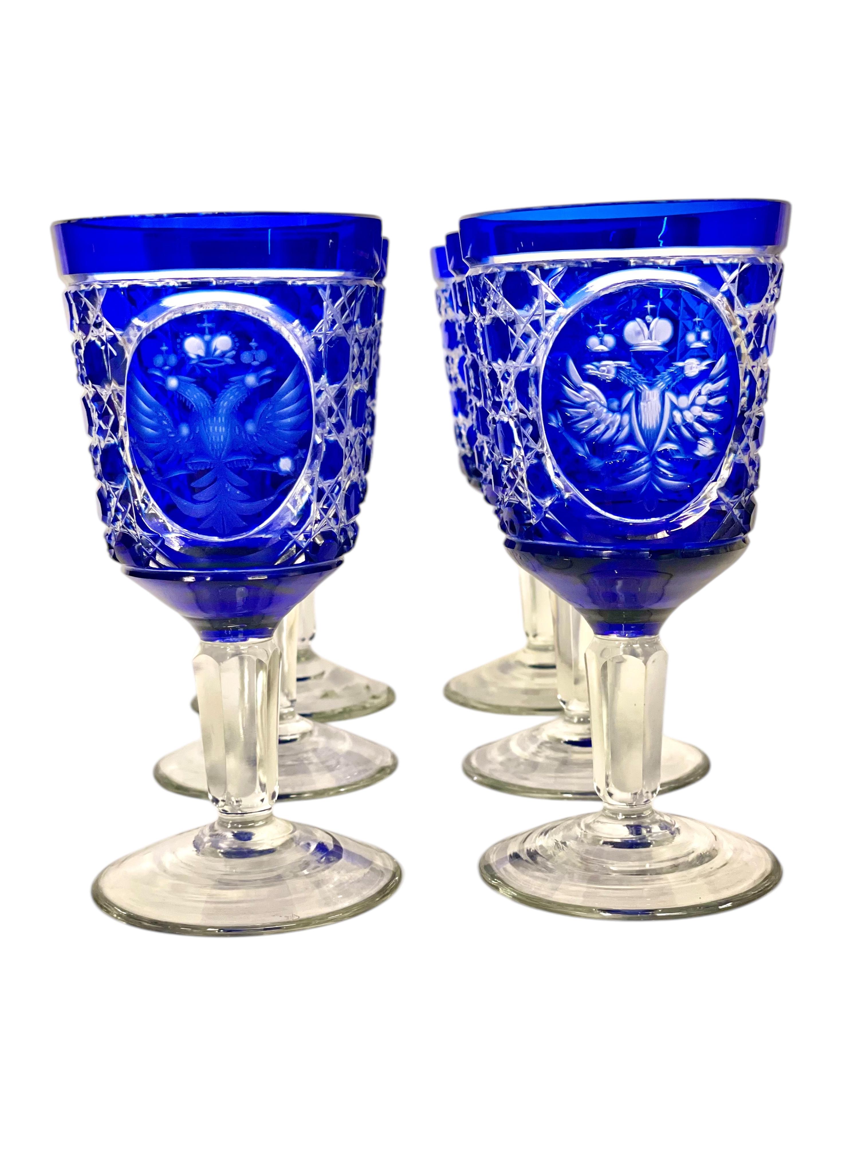 Set of 6 Bohemian Cobalt Blue Overlay Crystal Goblets For Sale 5