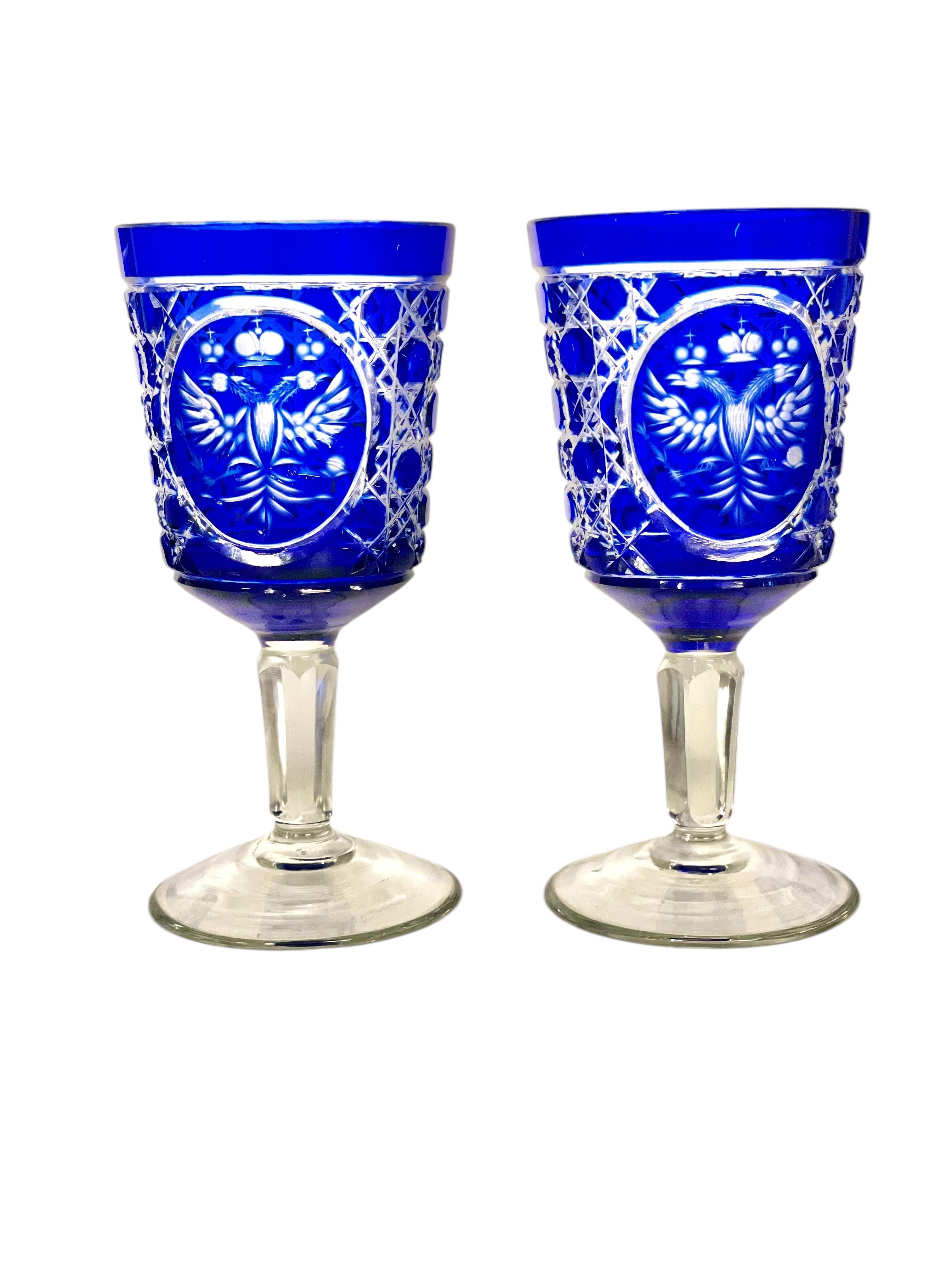 Set of 6 Bohemian Cobalt Blue Overlay Crystal Goblets For Sale 6