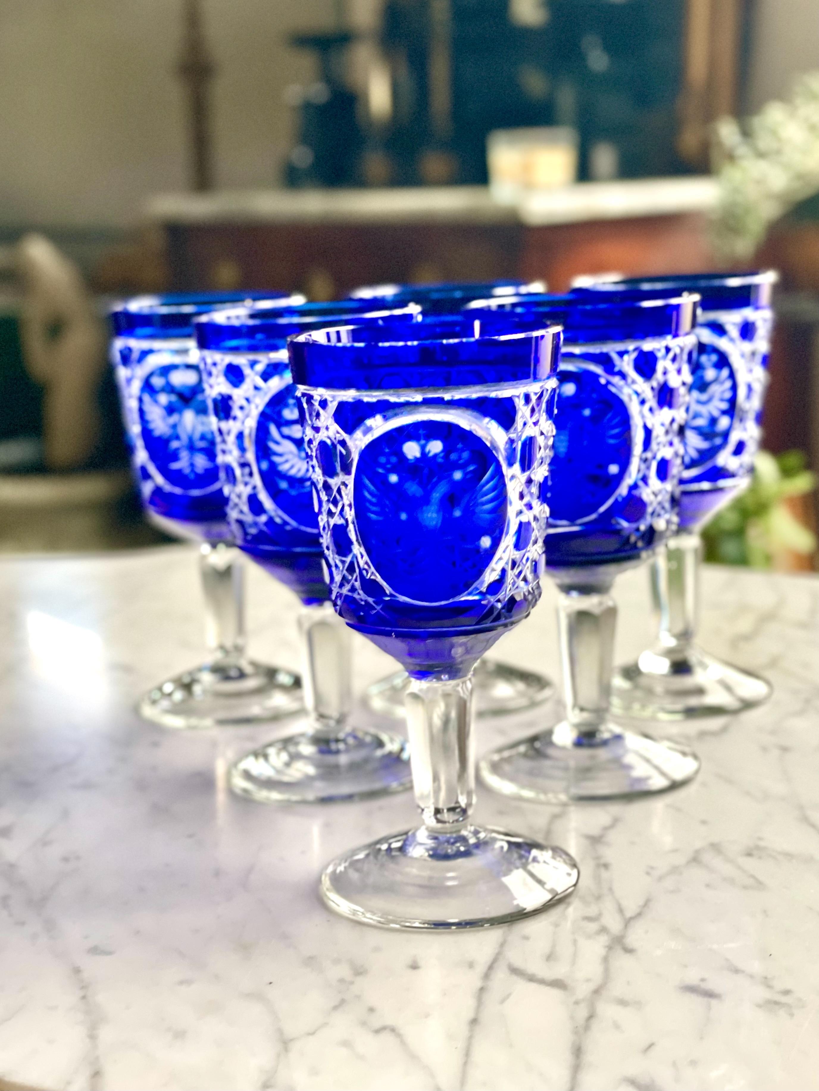 Set of 6 Bohemian Cobalt Blue Overlay Crystal Goblets For Sale 7