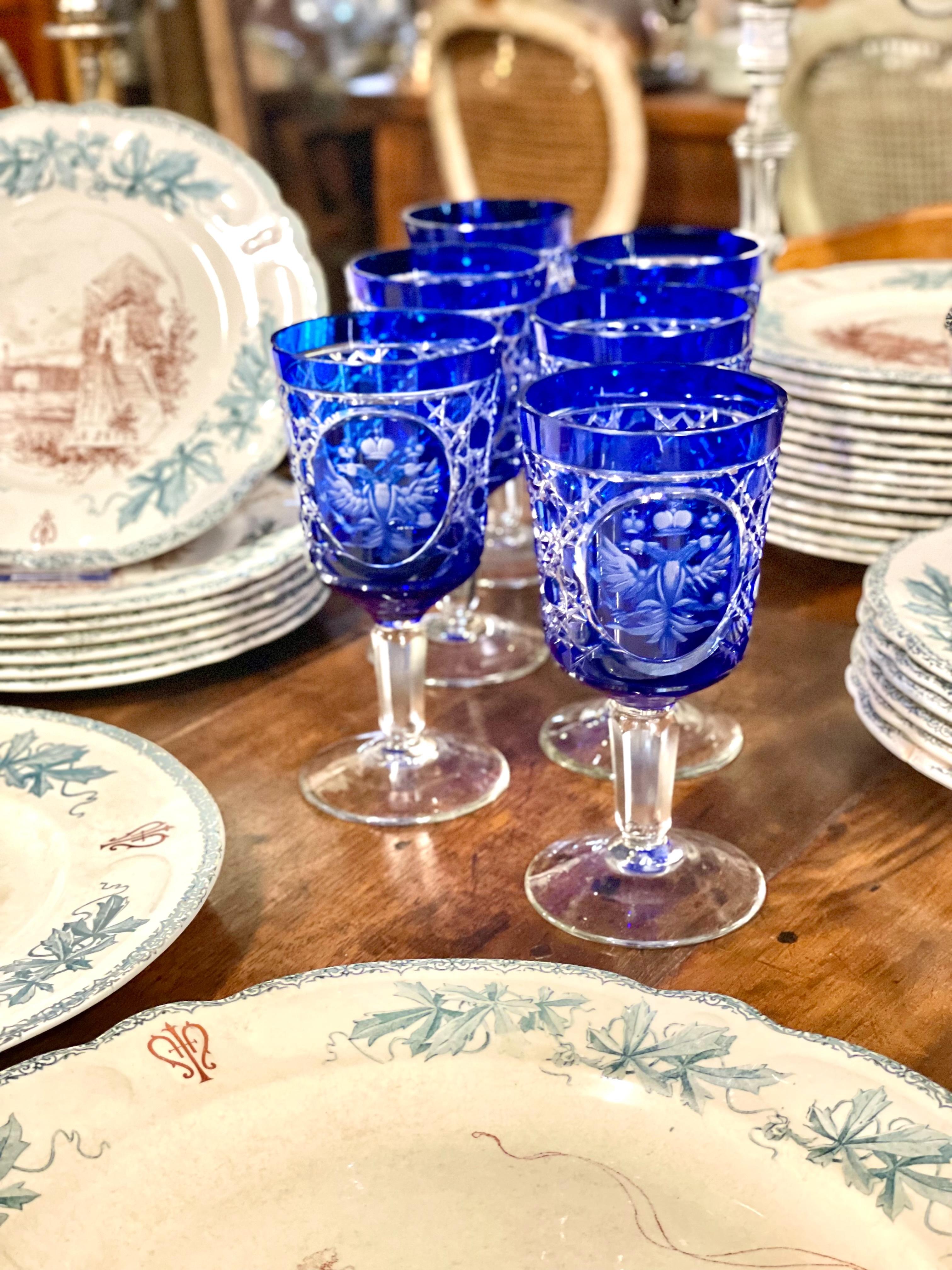 Set of 6 Bohemian Cobalt Blue Overlay Crystal Goblets For Sale 9