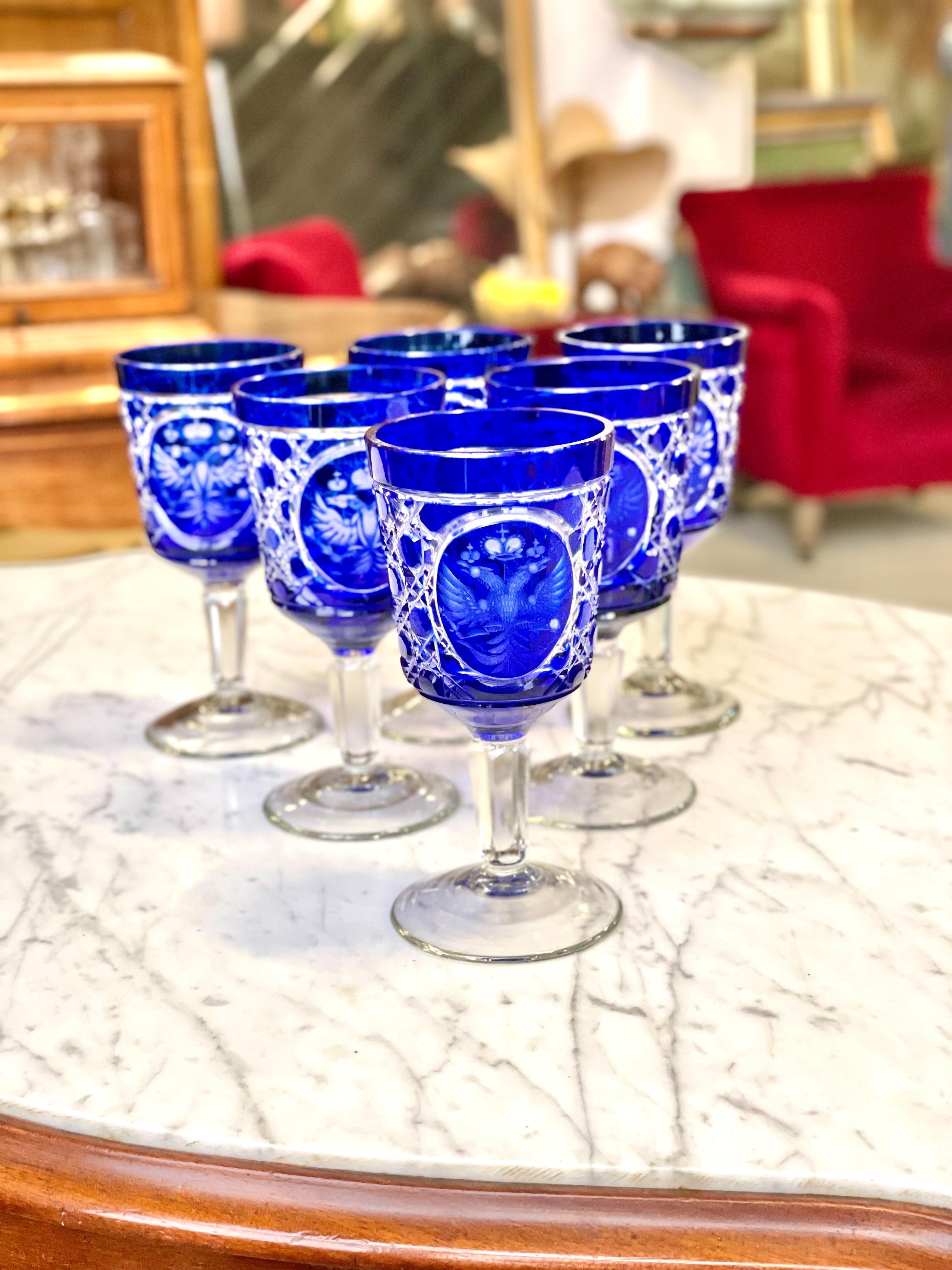 Set of 6 Bohemian Cobalt Blue Overlay Crystal Goblets For Sale 11