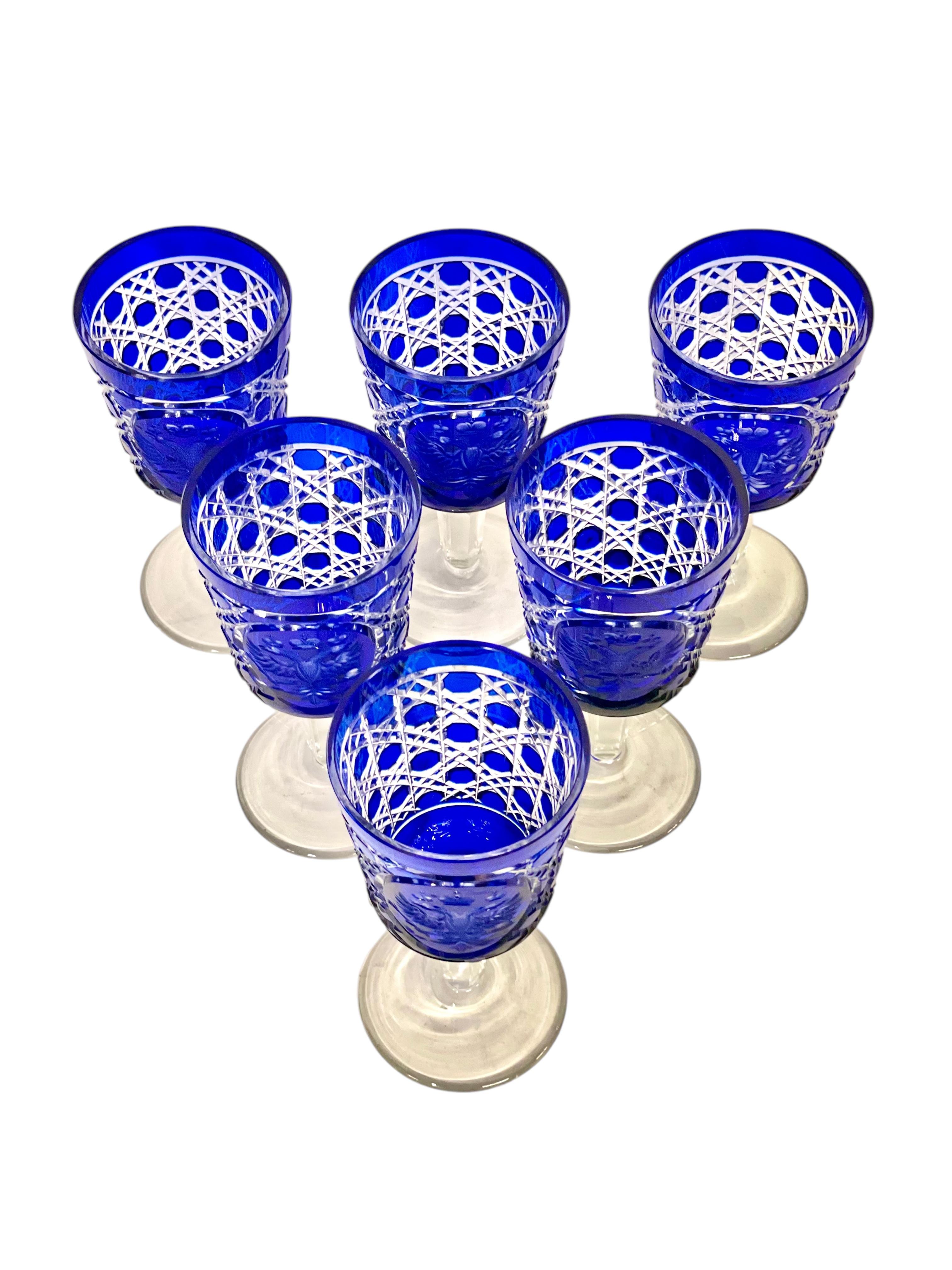 Set of 6 Bohemian Cobalt Blue Overlay Crystal Goblets For Sale 13
