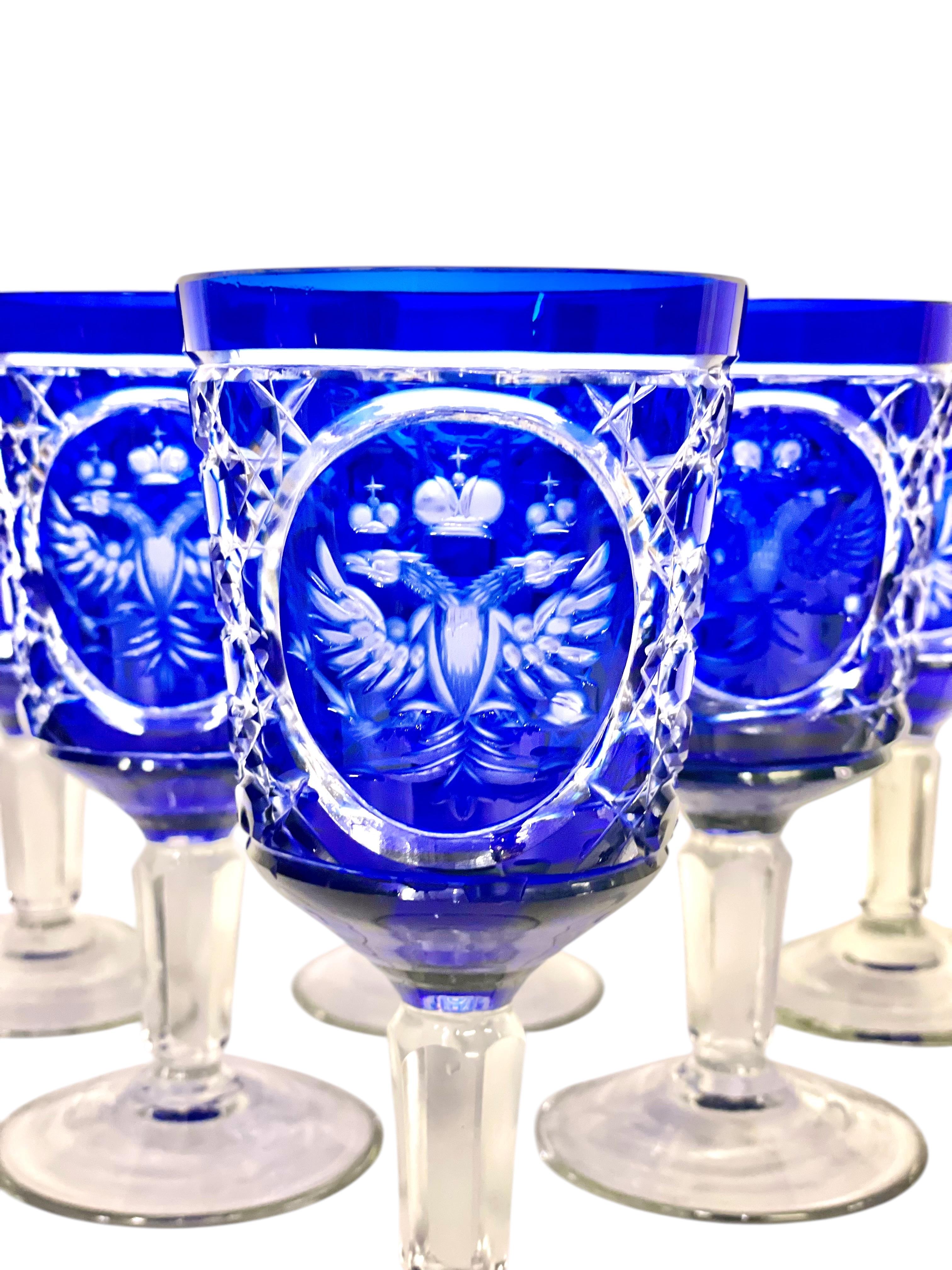 European Set of 6 Bohemian Cobalt Blue Overlay Crystal Goblets For Sale