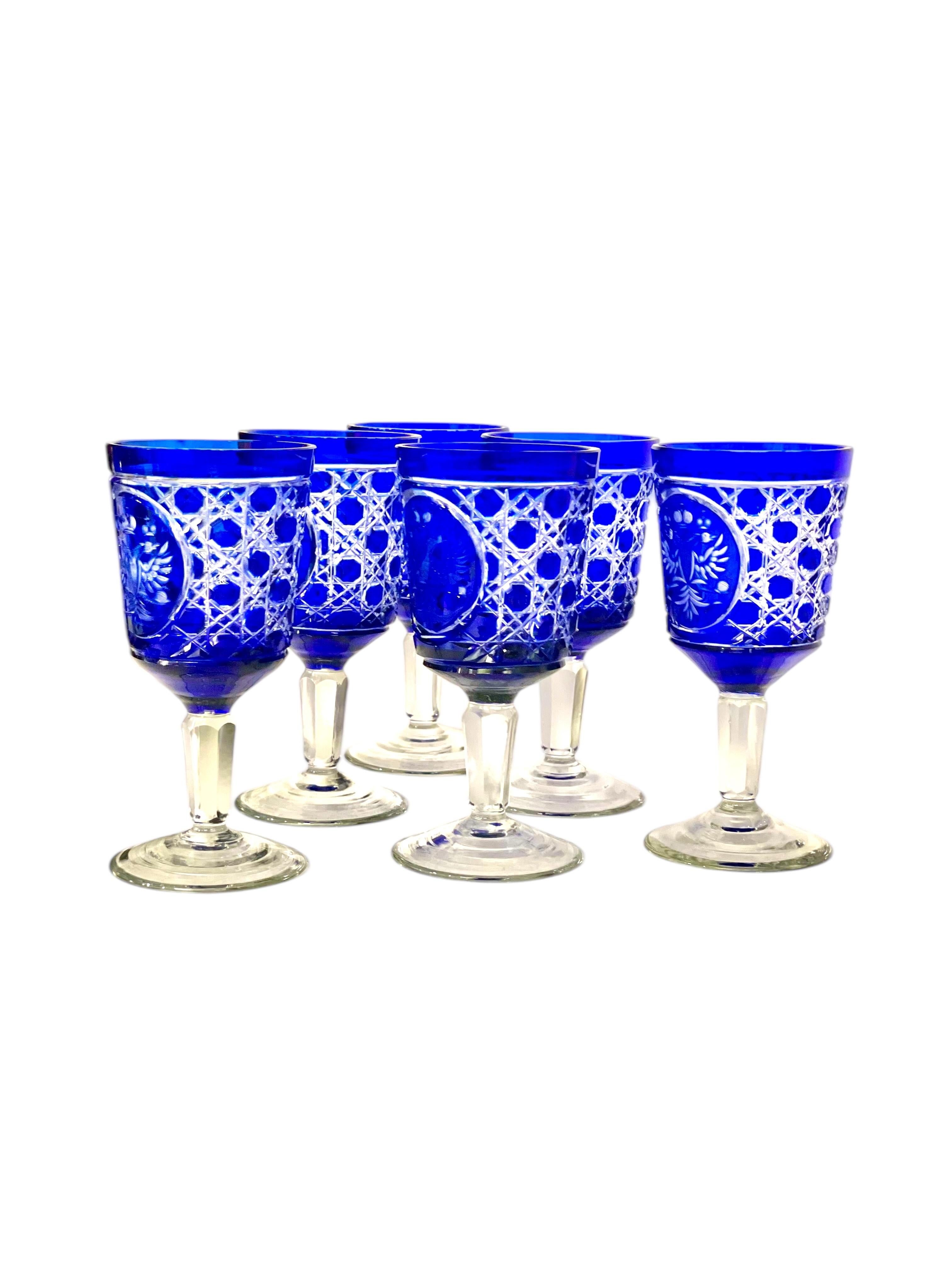 Set of 6 Bohemian Cobalt Blue Overlay Crystal Goblets In Good Condition For Sale In LA CIOTAT, FR