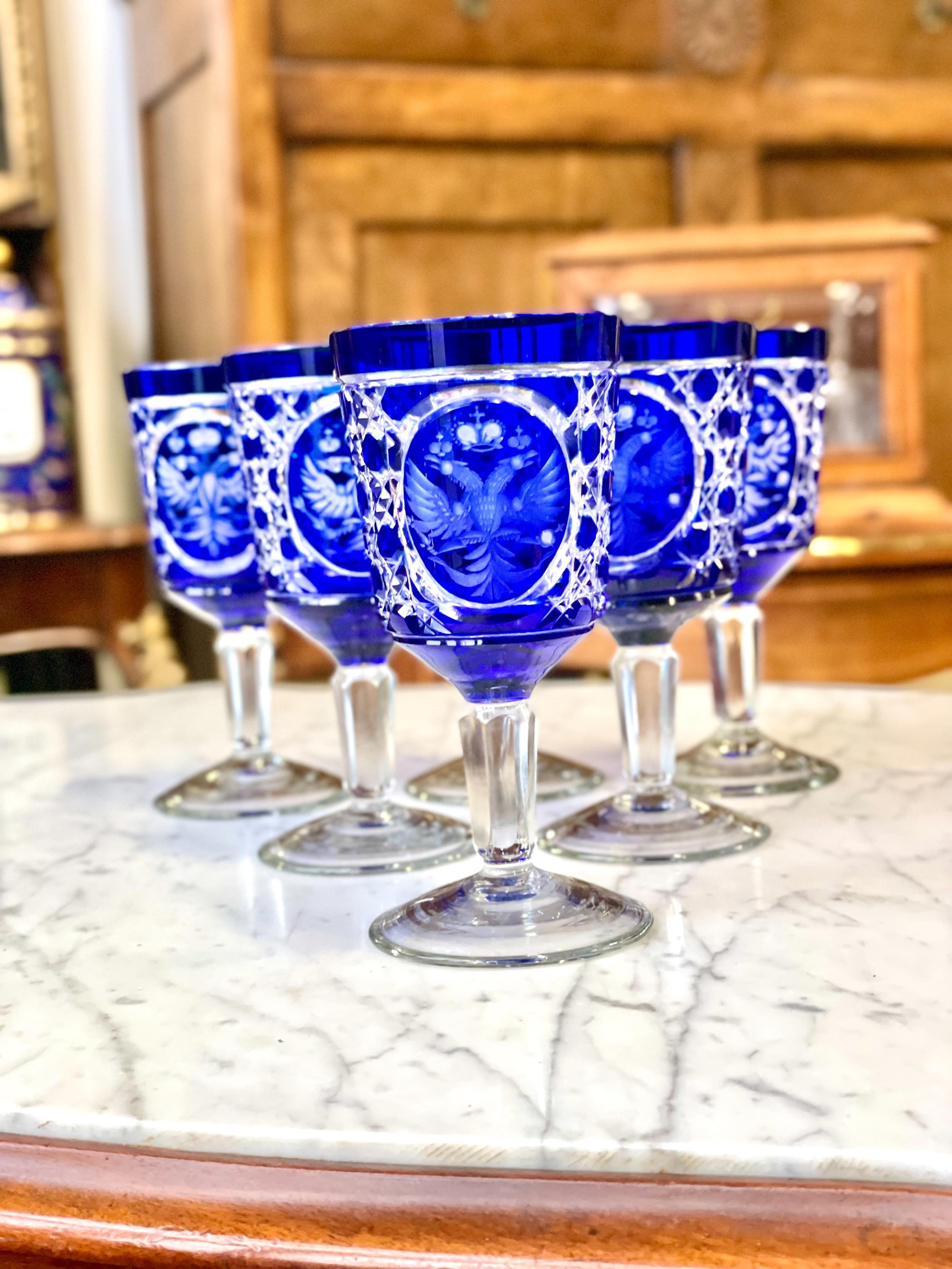20th Century Set of 6 Bohemian Cobalt Blue Overlay Crystal Goblets For Sale