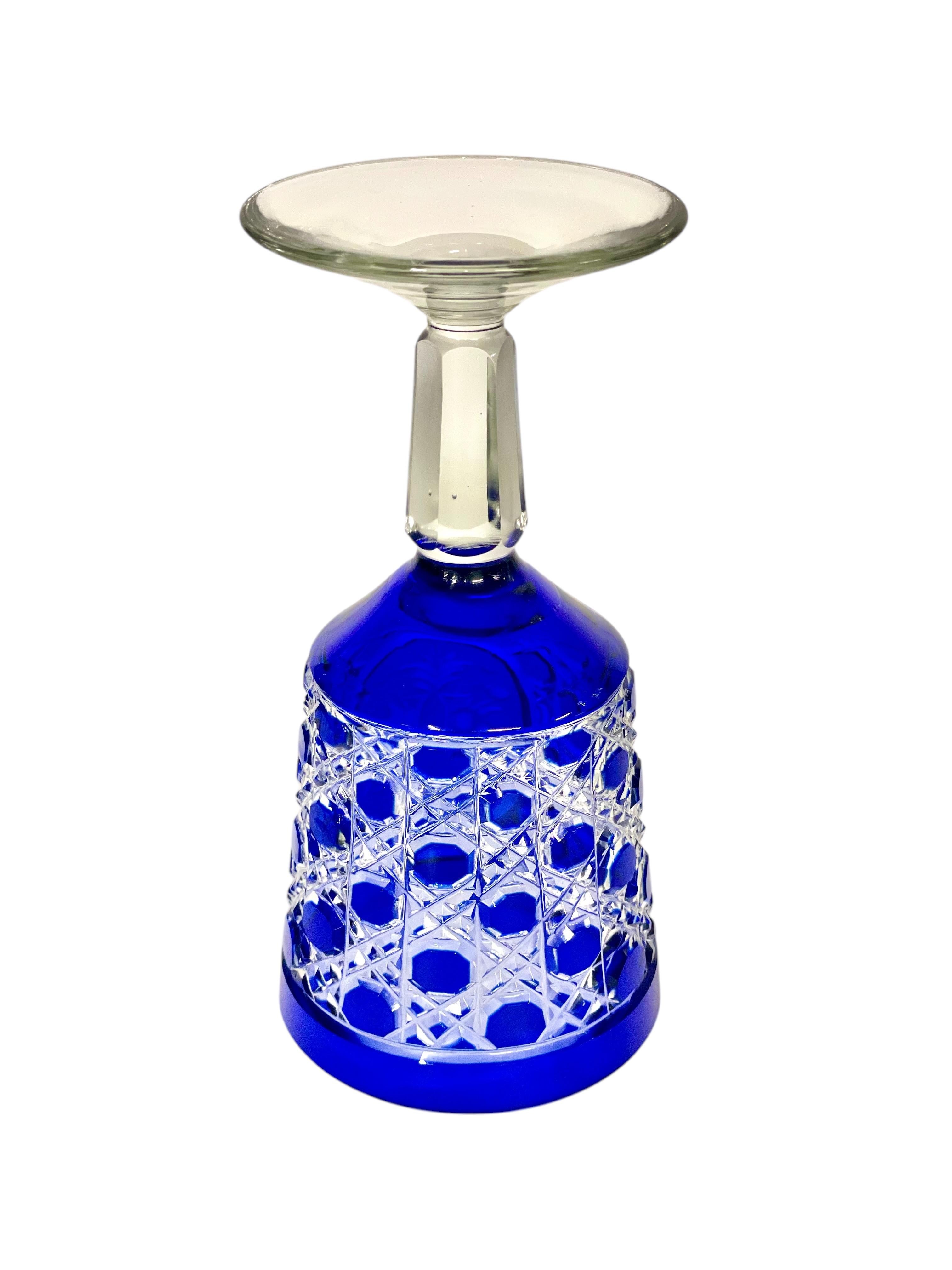 Set of 6 Bohemian Cobalt Blue Overlay Crystal Goblets For Sale 1