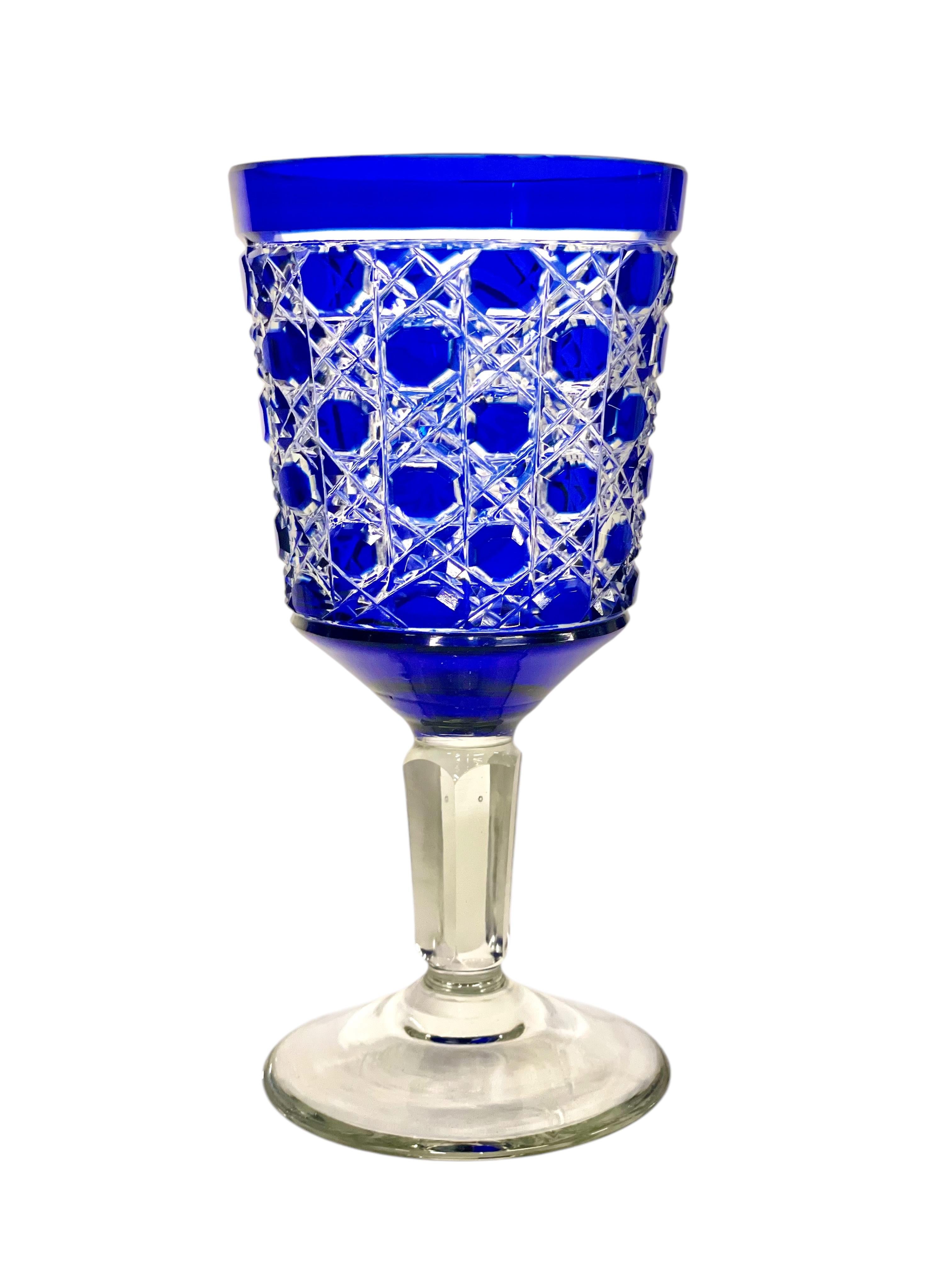 Set of 6 Bohemian Cobalt Blue Overlay Crystal Goblets For Sale 2