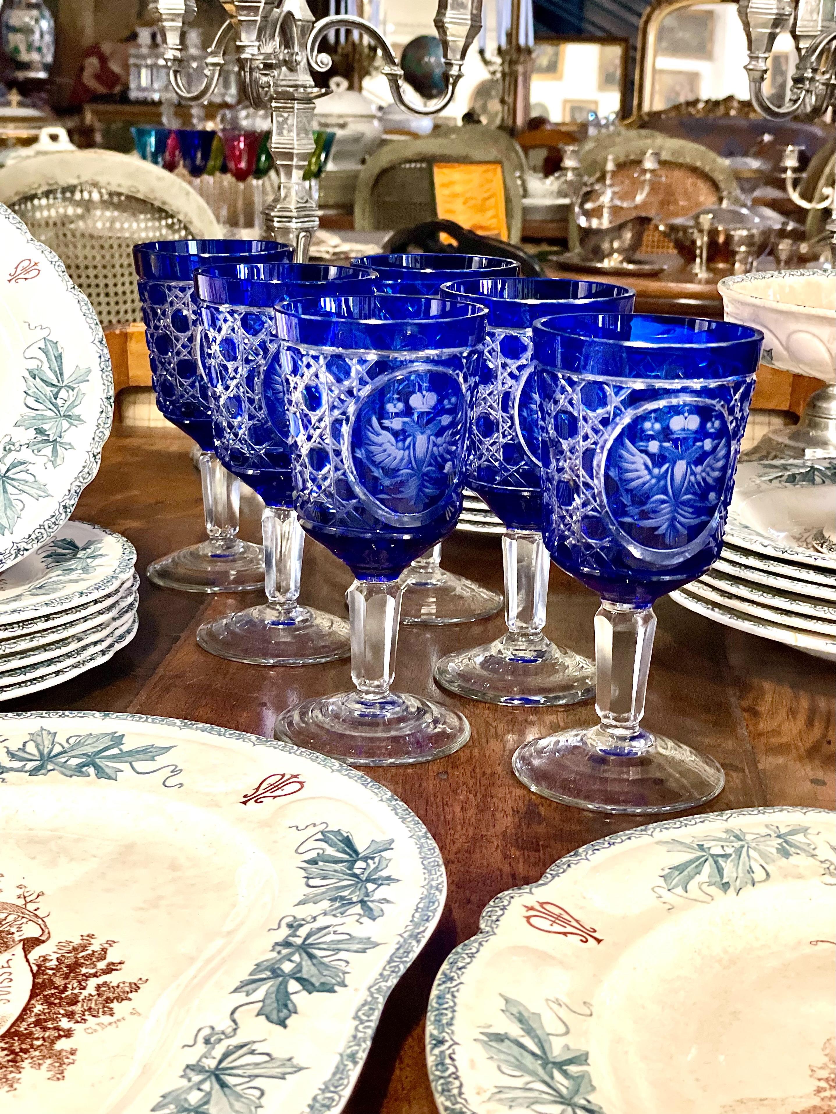 Set of 6 Bohemian Cobalt Blue Overlay Crystal Goblets For Sale 3