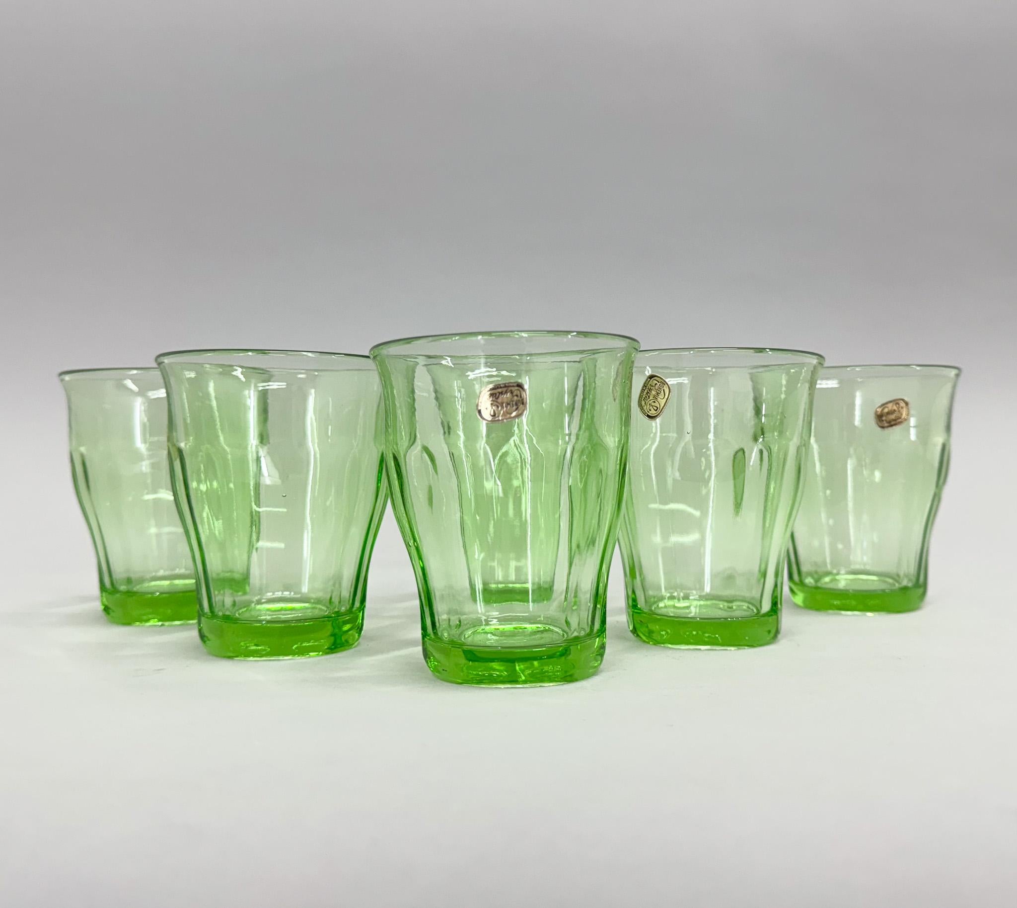 Set of six Bohemian Crystal glasses made of uranium glass and produced in former Czechoslovakia in the 1970s. Still labled, probably never used.
