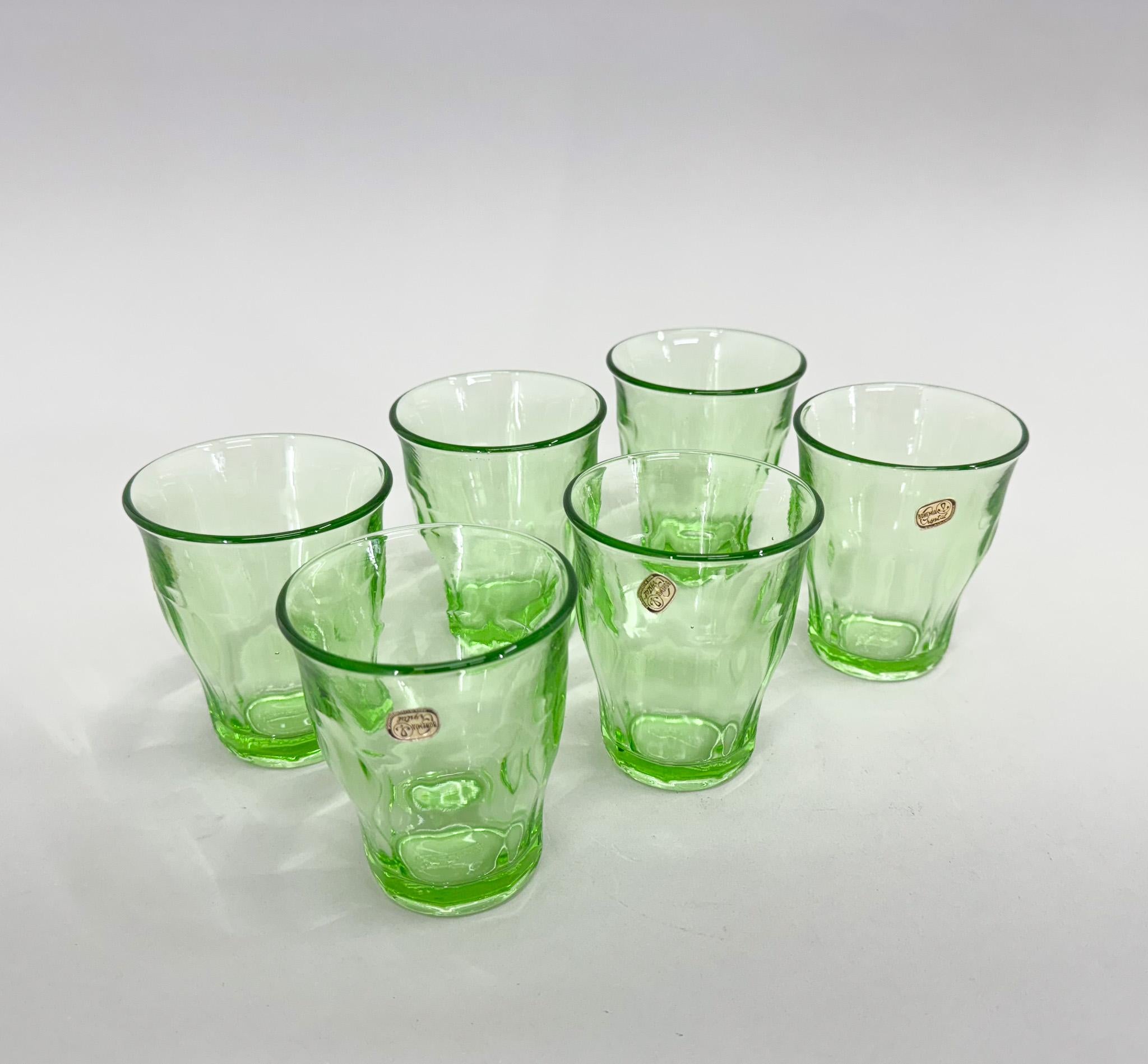 20th Century Set of 6 Bohemian Crystal Uranium Glass Glasses, 1970s For Sale