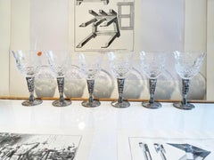 Set of 6 Bohemian Cut Crystal Glass Wine Goblets & Pewter Stem, Coat of Arms