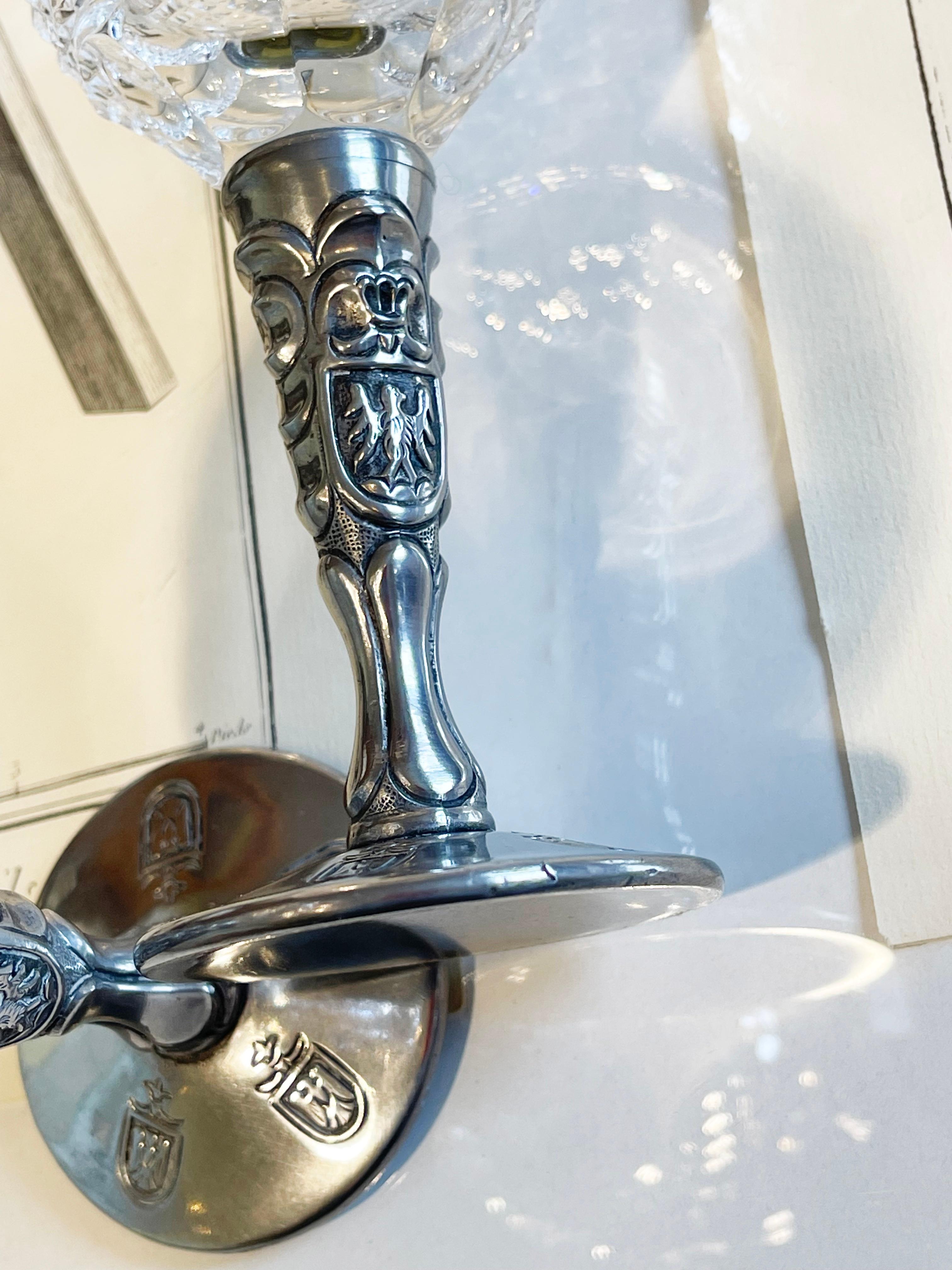 Hand-Crafted Set of 6 Bohemian Cut Crystal Glass Wine Goblets & Pewter Stem, Coat of Arms