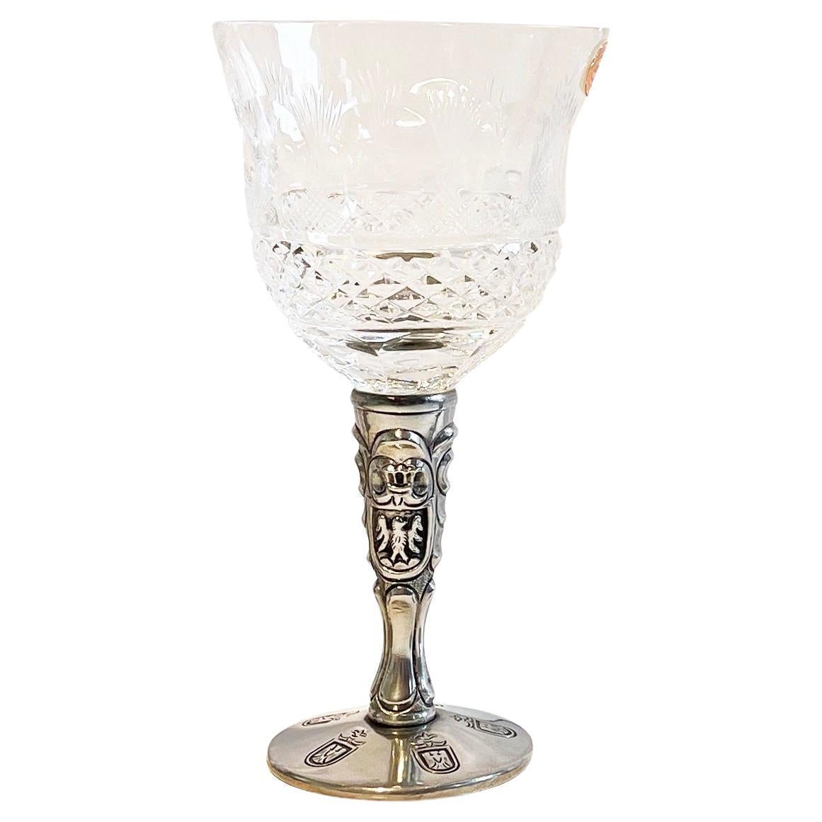 Set of 6 Bohemian Cut Crystal Glass Wine Goblets & Pewter Stem, Coat of Arms  For Sale