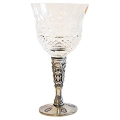 Set of 6 Bohemian Cut Crystal Glass Wine Goblets & Pewter Stem, Coat of Arms 