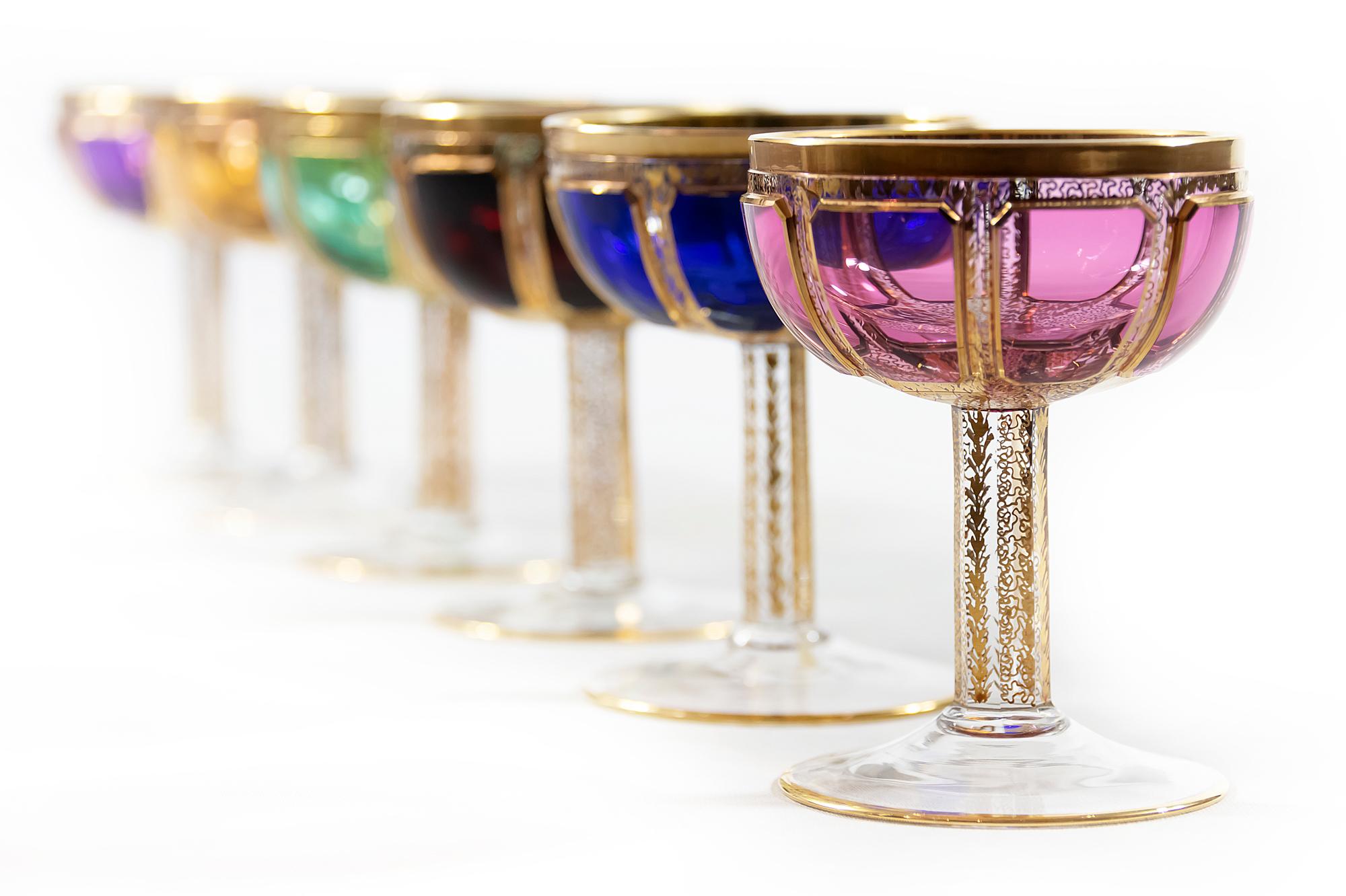 Czech Set of 6 Bohemian Handmade Gilt Glass Champagne Glasses