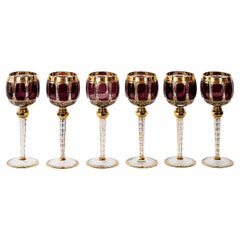 Set of 6 Bohemian Handmade Gilt Glass Wine Glasses