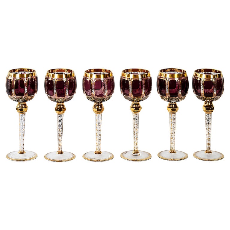 Set (12) Vintage Hand Blown Iridescent Luster Tulip Wine Glasses 1930s