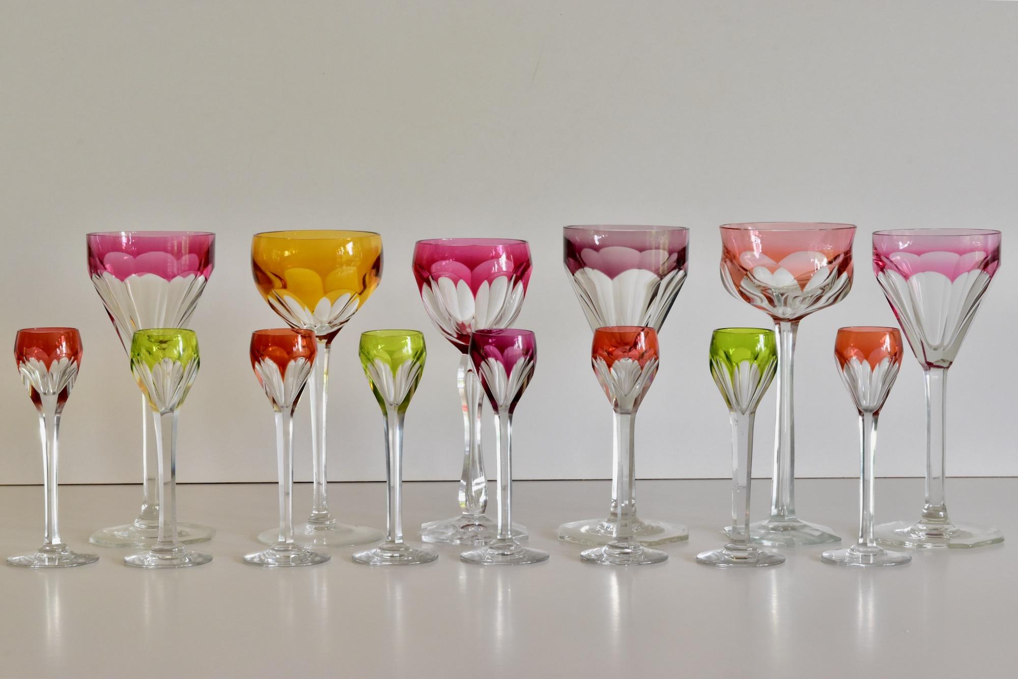 Lot of six antique crystal Bohemian wine glasses. Different in color, shape, cut and size.
Originals from the 1930-1960s. Mouthblown and handcut. No damages, no chips only small signs of use.

Measurements from diameter 7cm/2.7in to 8.5cm / 3.3in