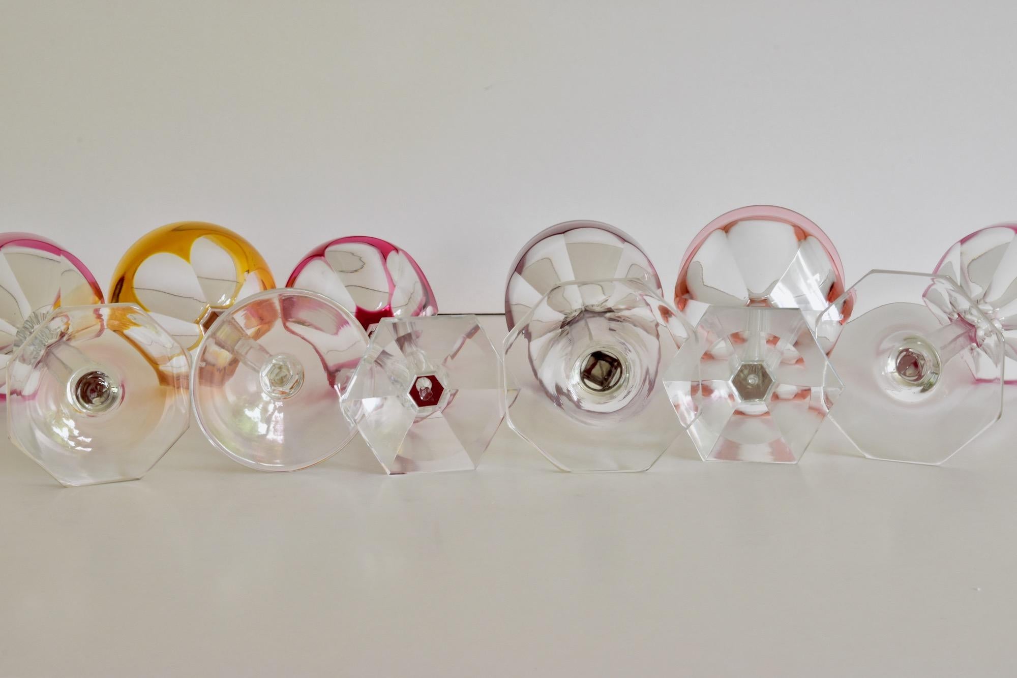 German Set of 6 Bohemian Multicolored Antique Crystal Wine Glasses